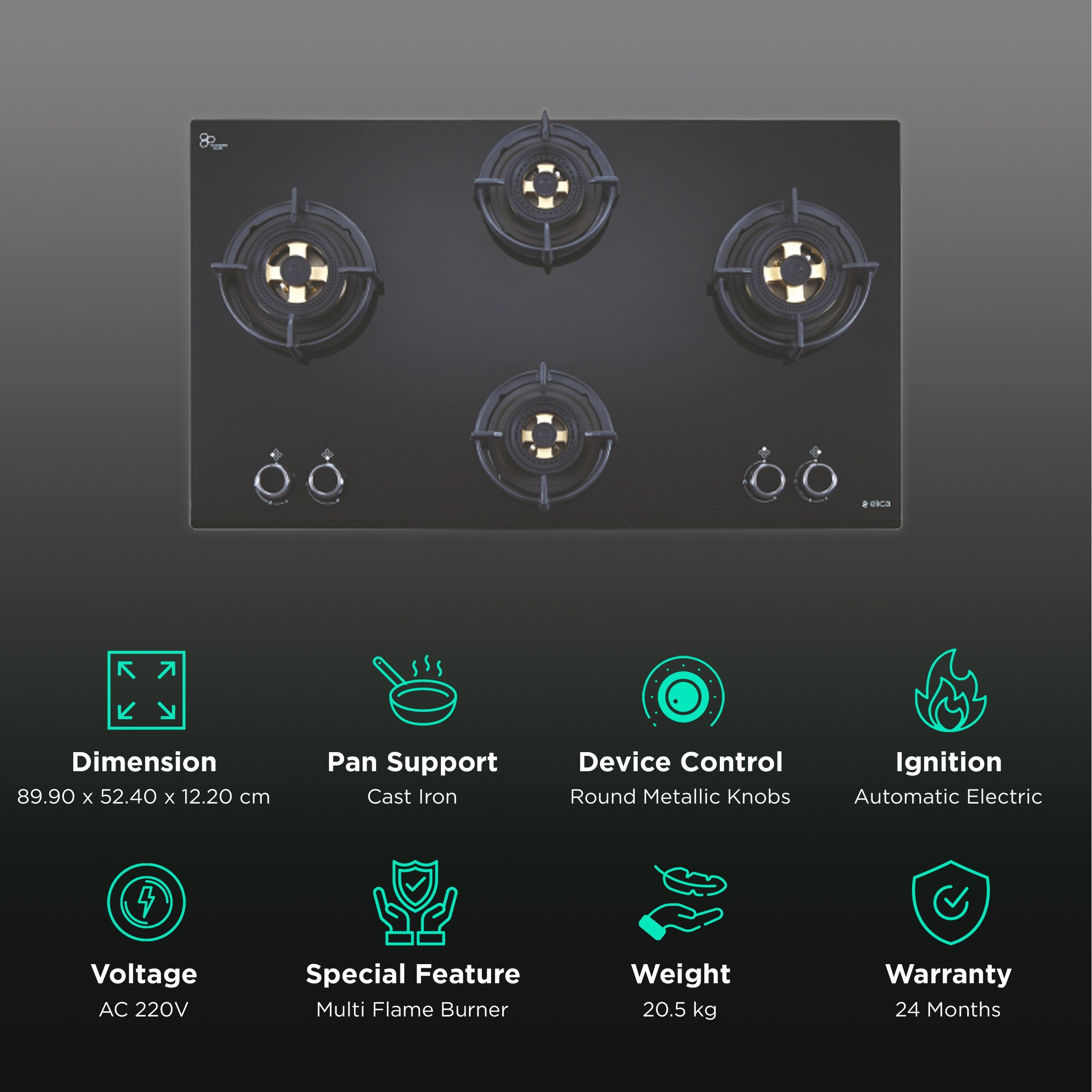 Elica DFS FB MFC 4B 91 DX FFD 4 Burner Automatic Electric Hob (Round Metallic Knob, Black)_3