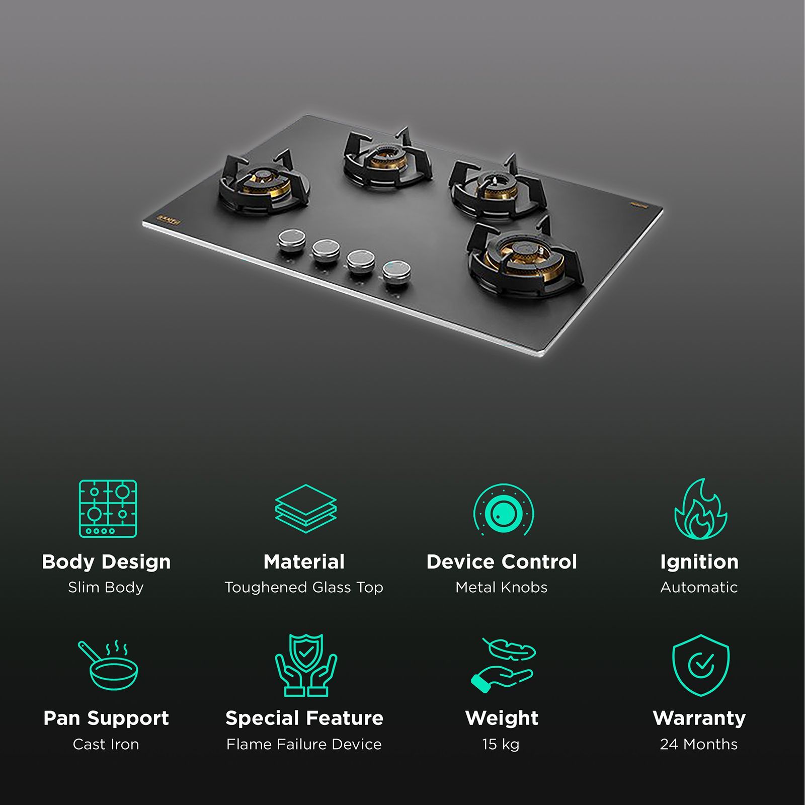 KAFF MSM 804 Toughened Glass Top 4 Burner Automatic Hob (Flame Failure Device, Black)_3