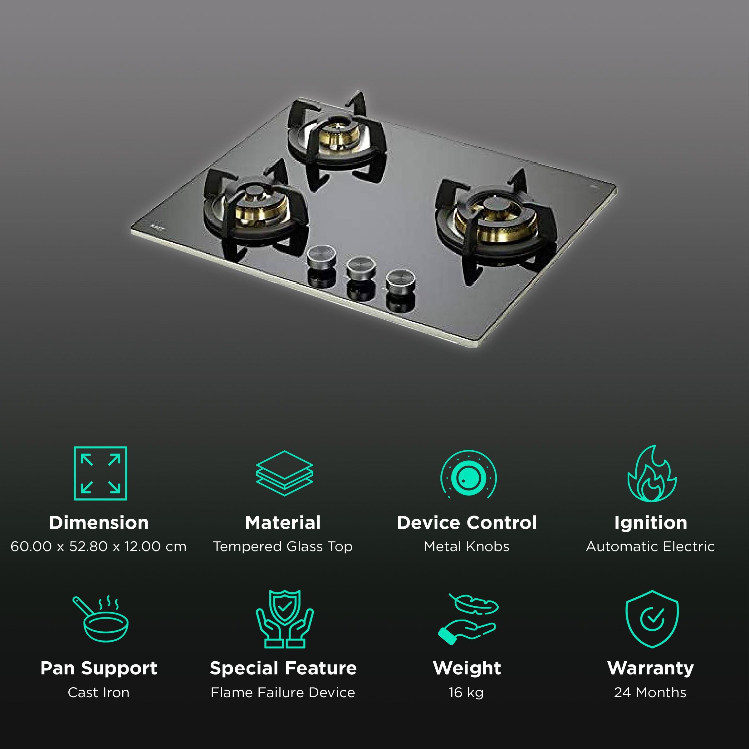 KAFF Bellini Tempered Glass Top 3 Burner Automatic Electric Hob (Flame Failure Device, Black)_3