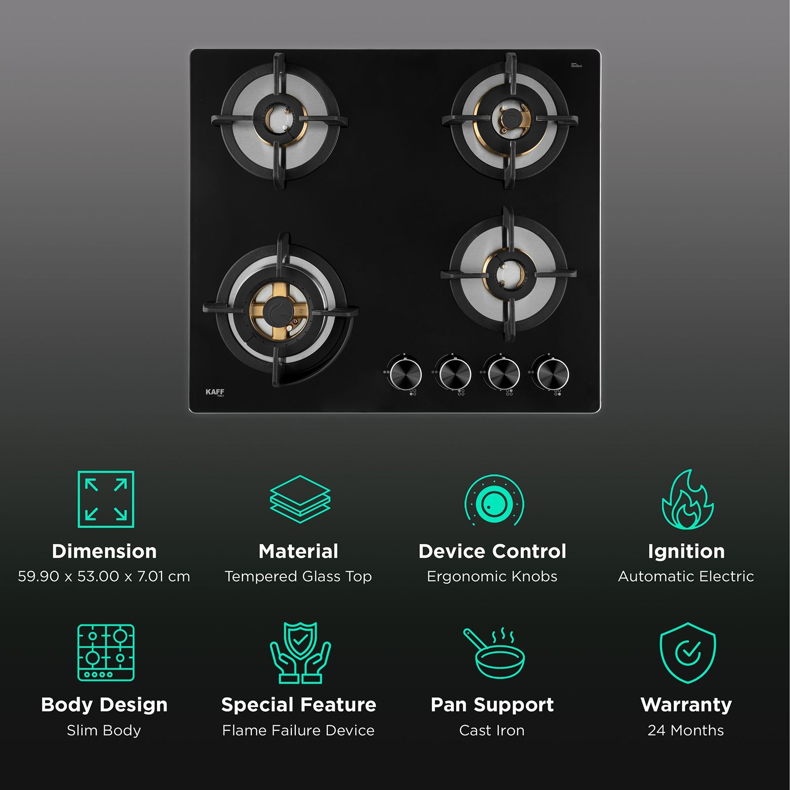 KAFF BLH 604 Tempered Glass Top 4 Burner Automatic Electric Hob (Flame Failure Device, Black)_3