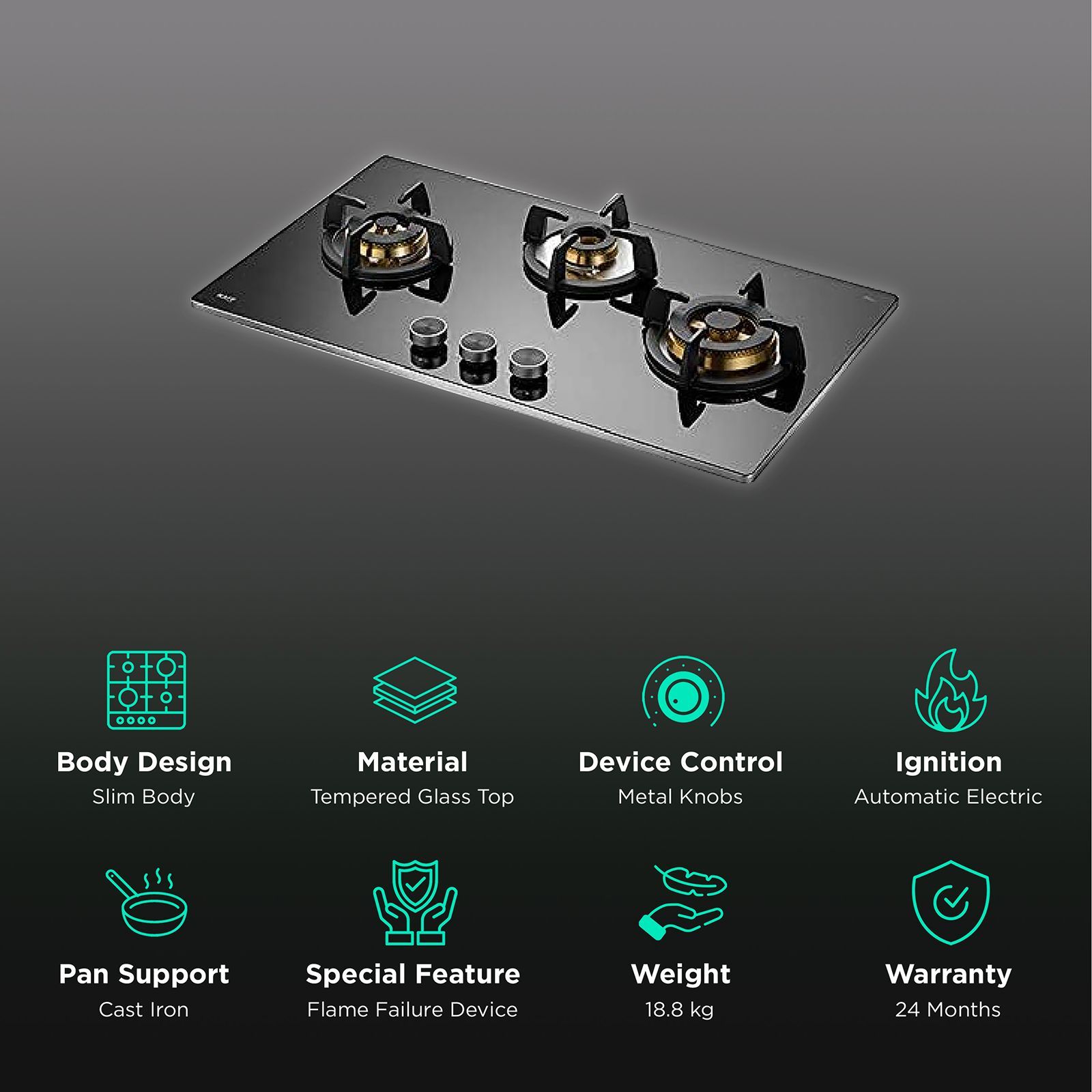 KAFF Bellini Tempered Glass Top 3 Burner Automatic Electric Hob (Flame Failure Device, Black)_3