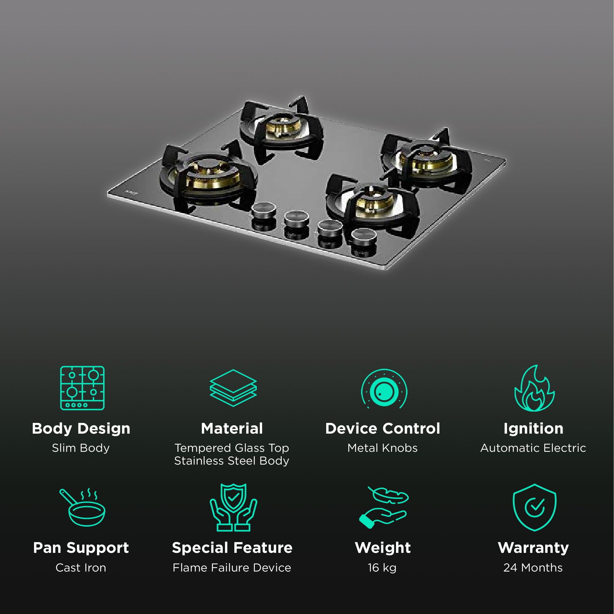 KAFF BLH-F 604 Tempered Glass Top 4 Burner Automatic Electric Hob (Flame Failure Device, Black)_3