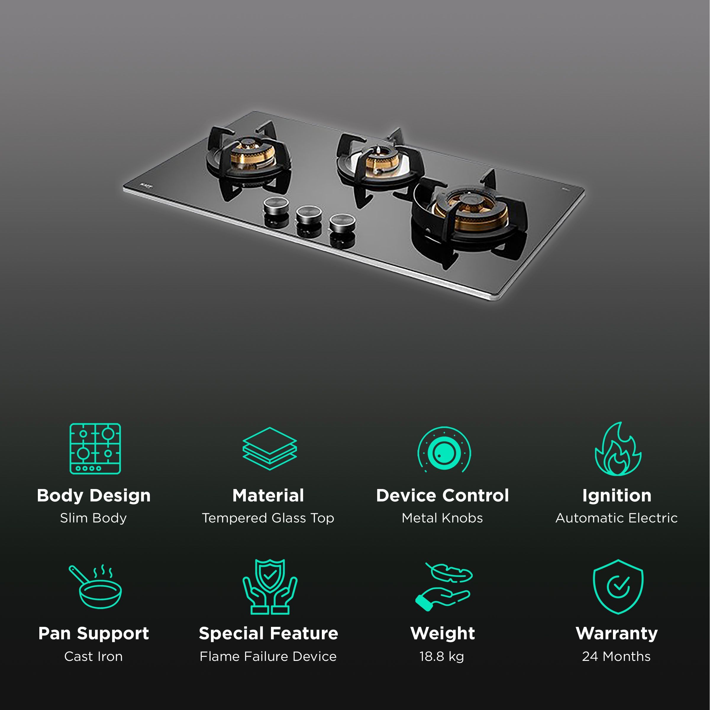 KAFF BLH-F 783X Tempered Glass Top 3 Burner Automatic Electric Hob (Flame Failure Device, Black)_3