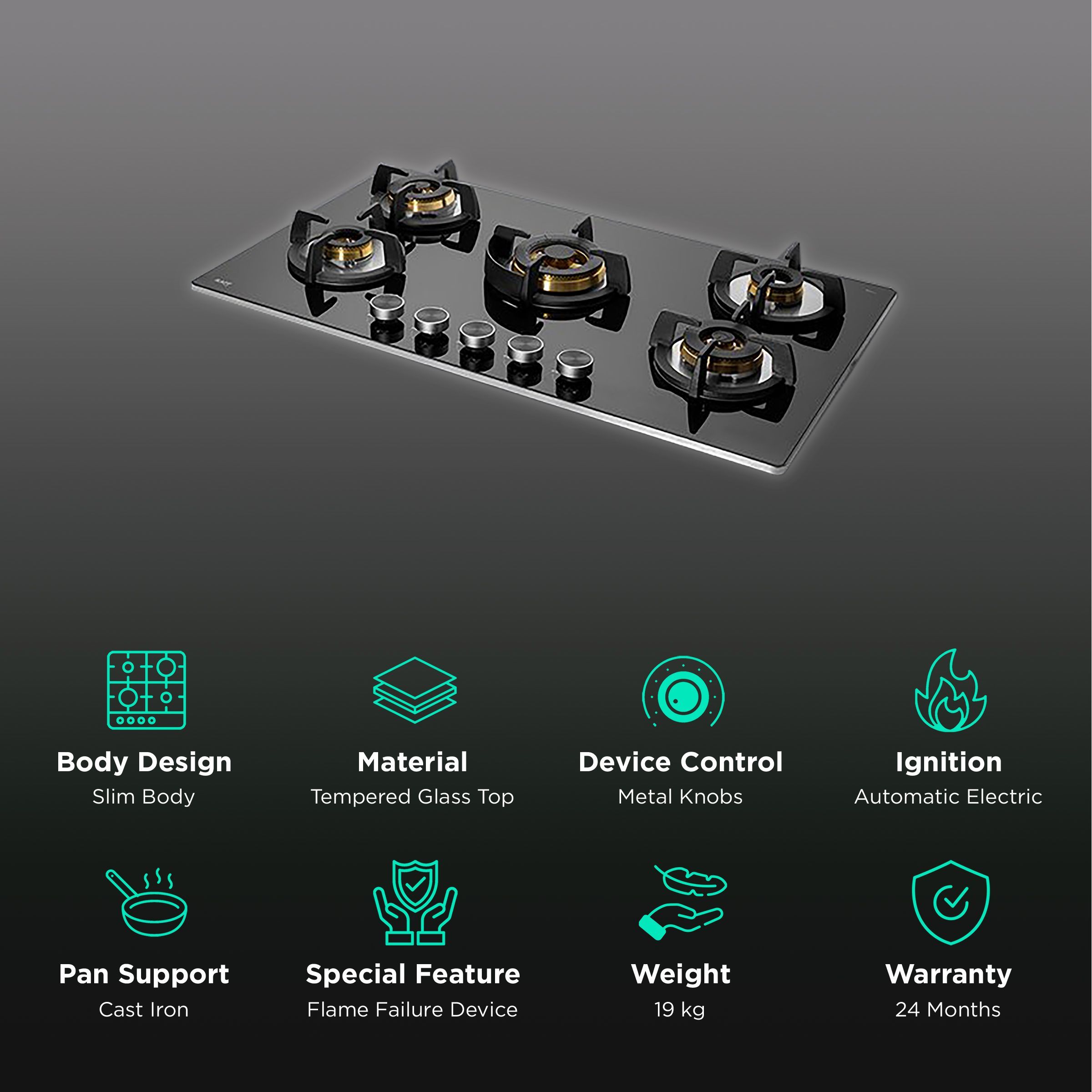 KAFF Bellini-F Tempered Glass Top 5 Burner Automatic Electric Hob (Flame Failure Device, Black)_3