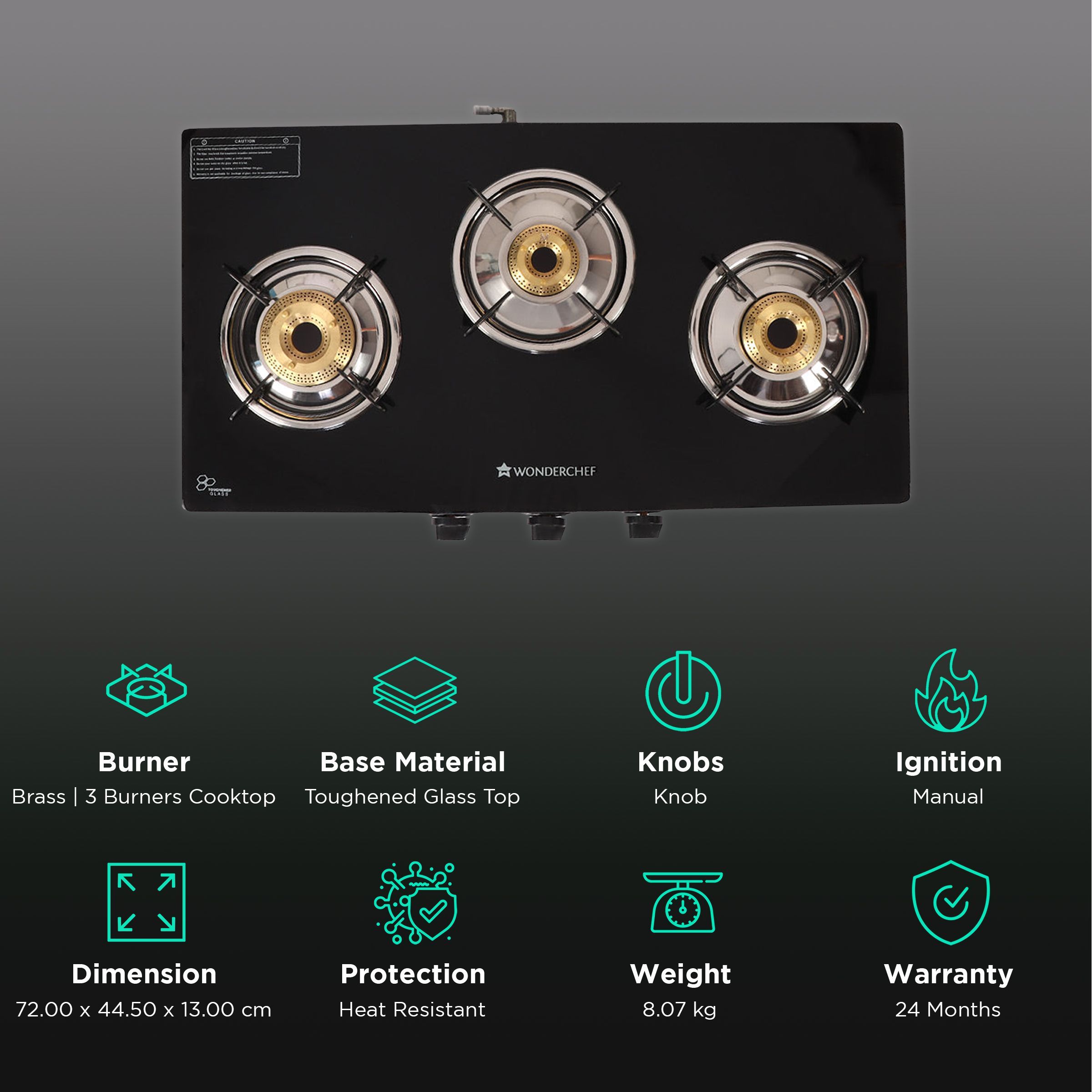 WONDERCHEF Glory Toughened Glass Top 3 Burner Manual Gas Stove (Heat Resistant Legs, Black)_3