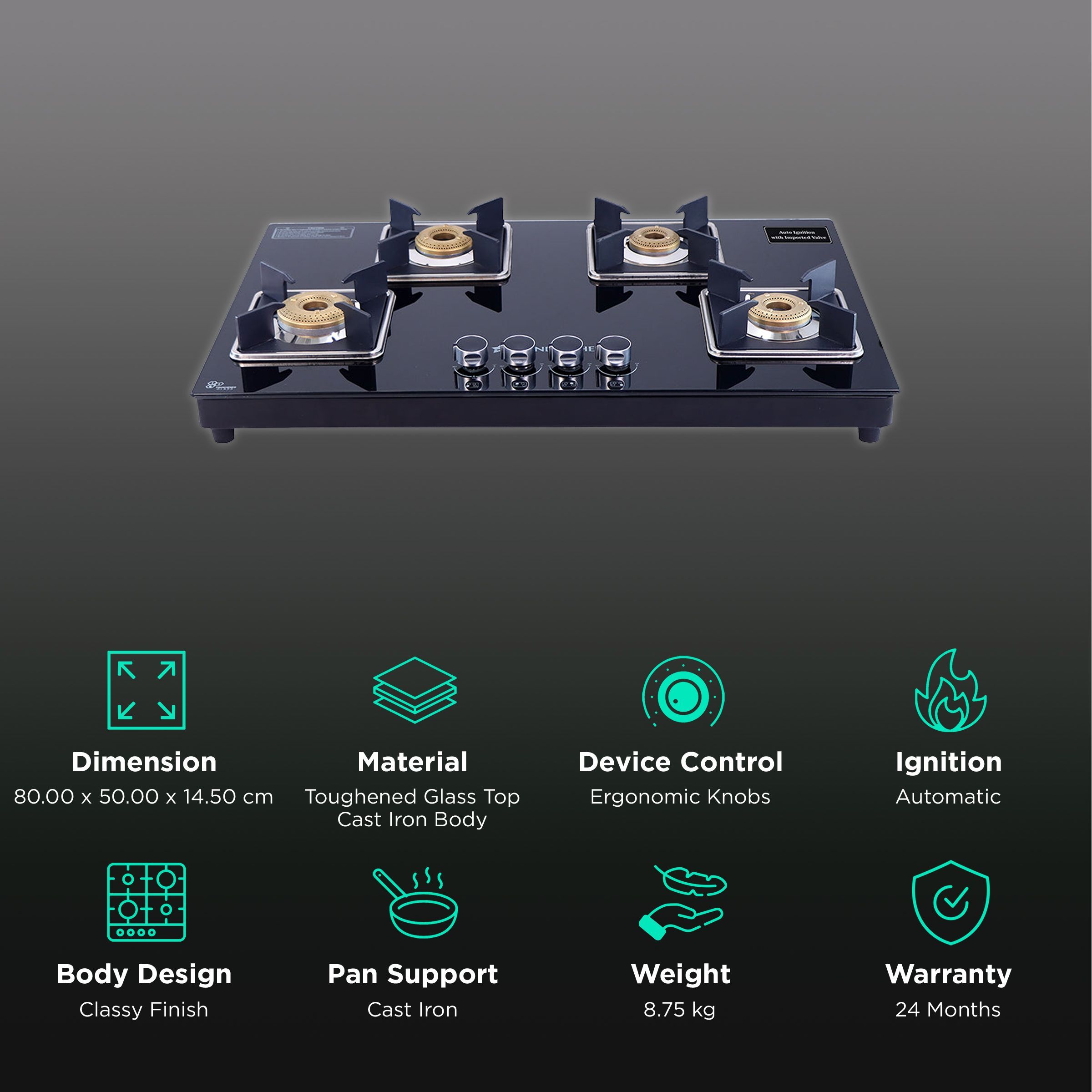 WONDERCHEF Octavia Toughened Glass Top 4 Burner Automatic Hob (Heat Resistant Legs, Black)_3