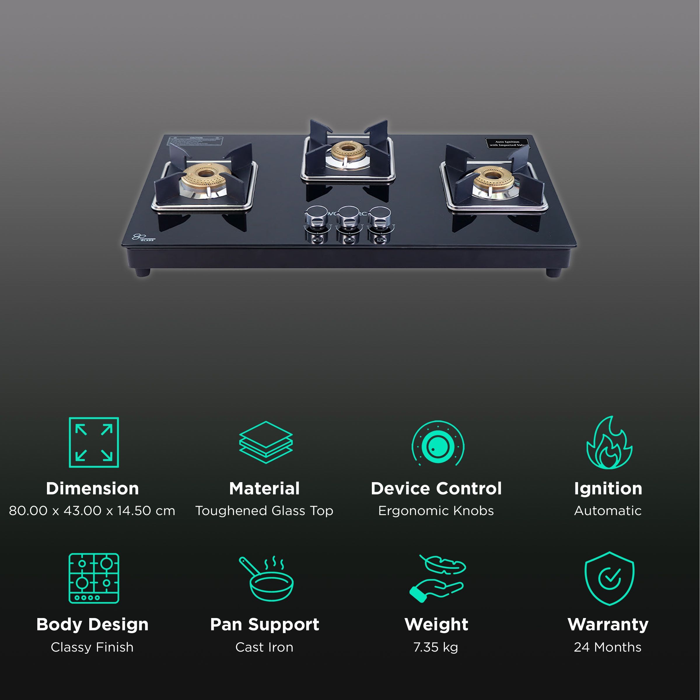 WONDERCHEF Octavia Toughened Glass Top 3 Burner Automatic Hob (Heat Resistant Legs, Black)_3