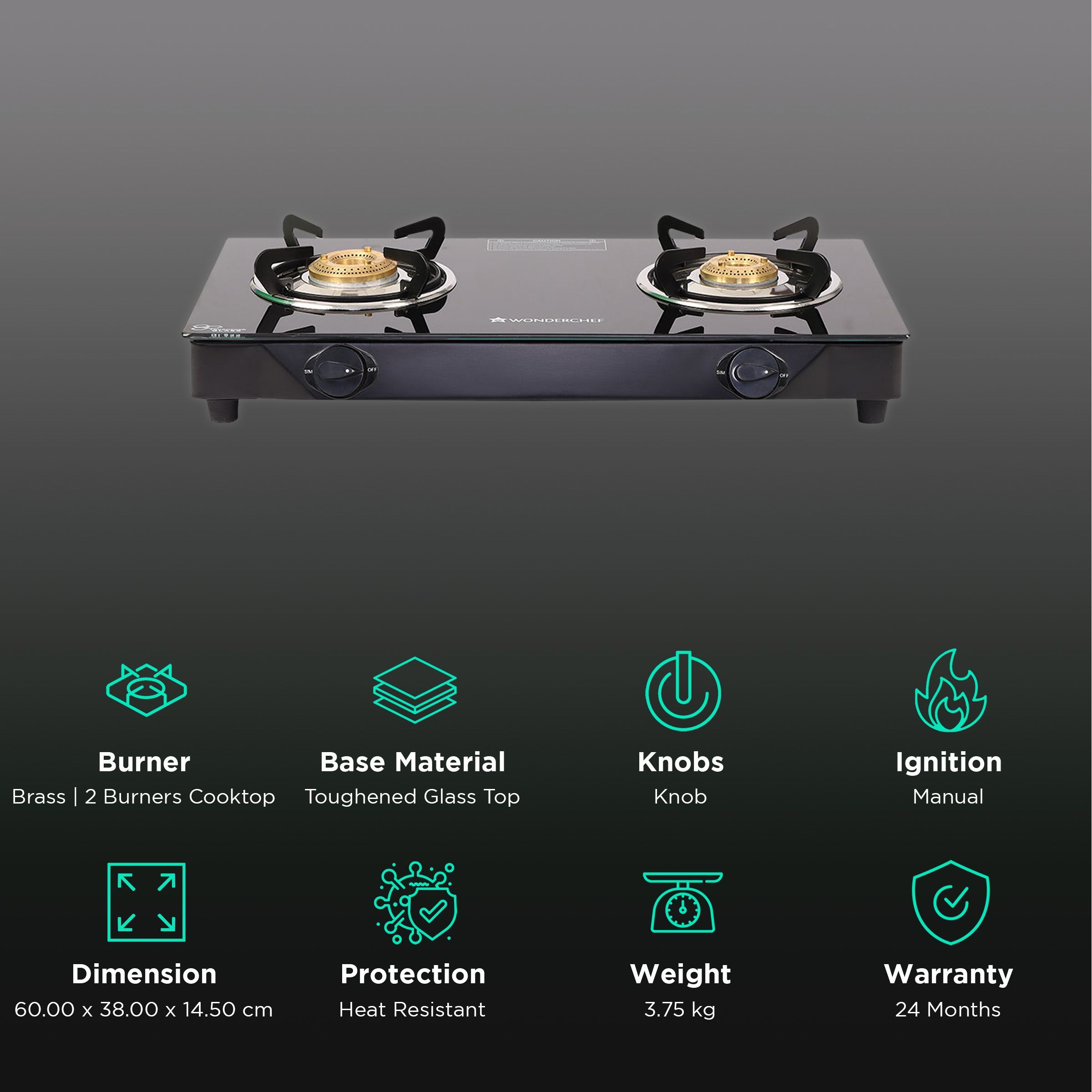 WONDERCHEF Glory Toughened Glass Top 2 Burner Manual Gas Stove (Heat Resistant Legs, Black)_3