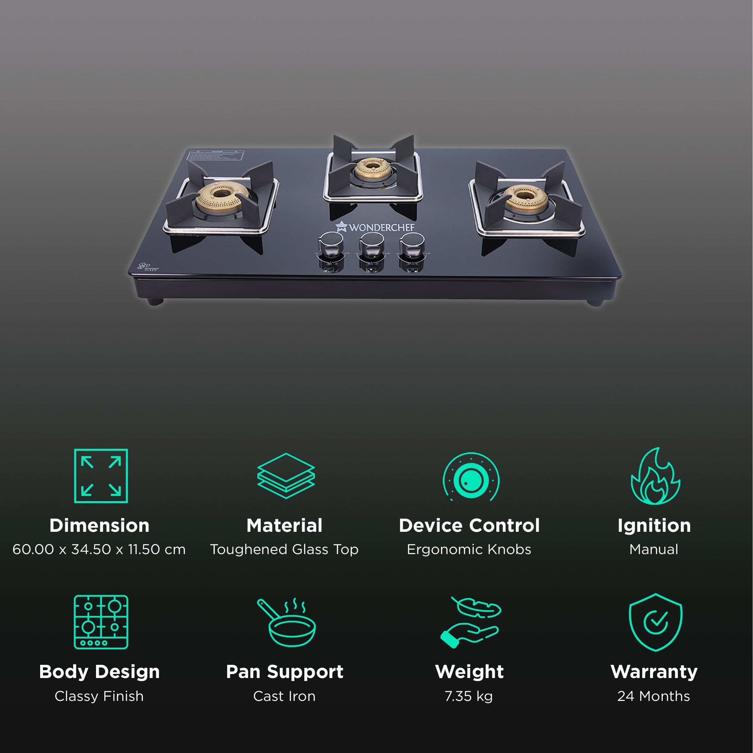 WONDERCHEF Octavia Toughened Glass Top 3 Burner Manual Hob (Heat Resistant Legs, Black)_3