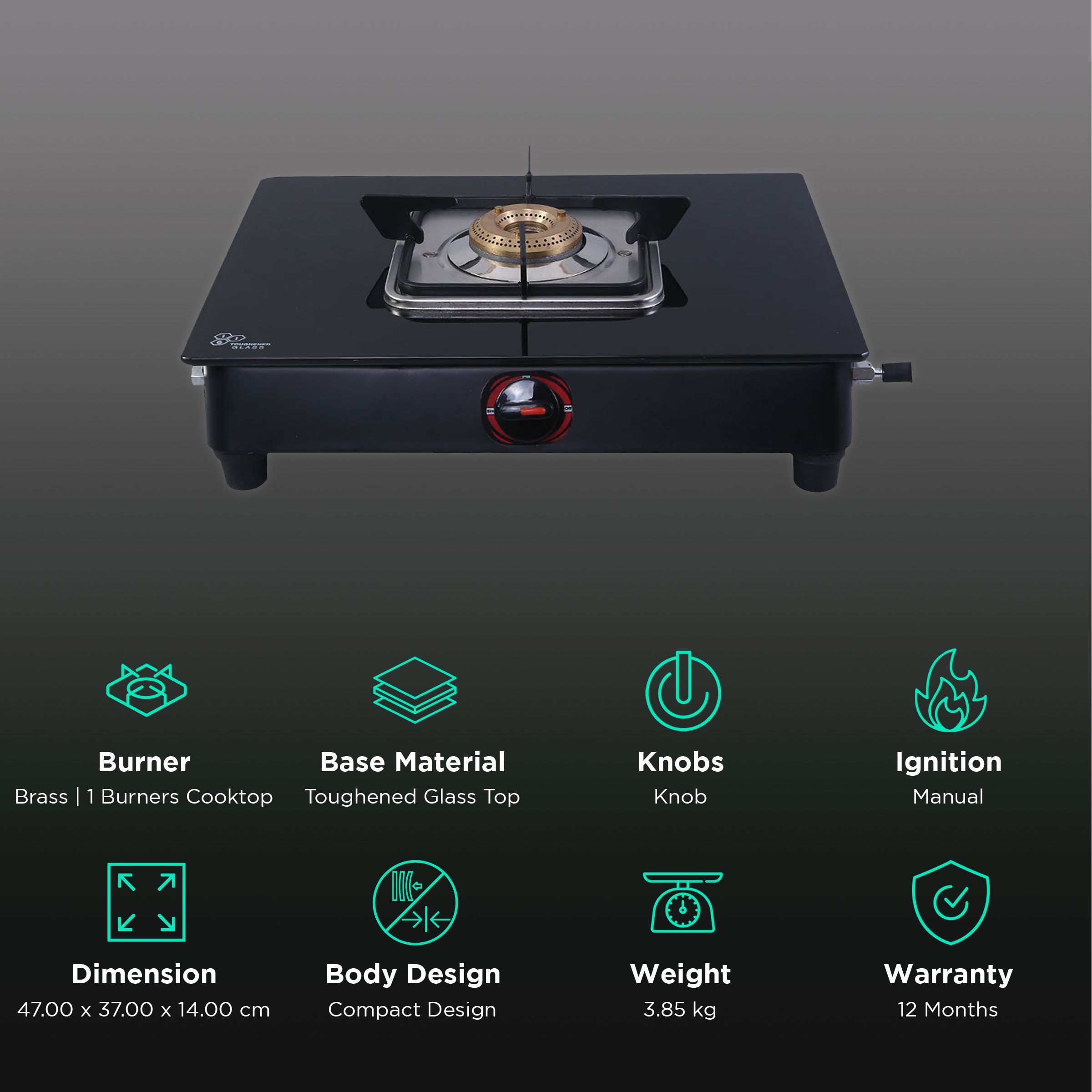 WONDERCHEF Ultima Toughened Glass Top 1 Burner Manual Gas Stove (Compact Design, Black)_3