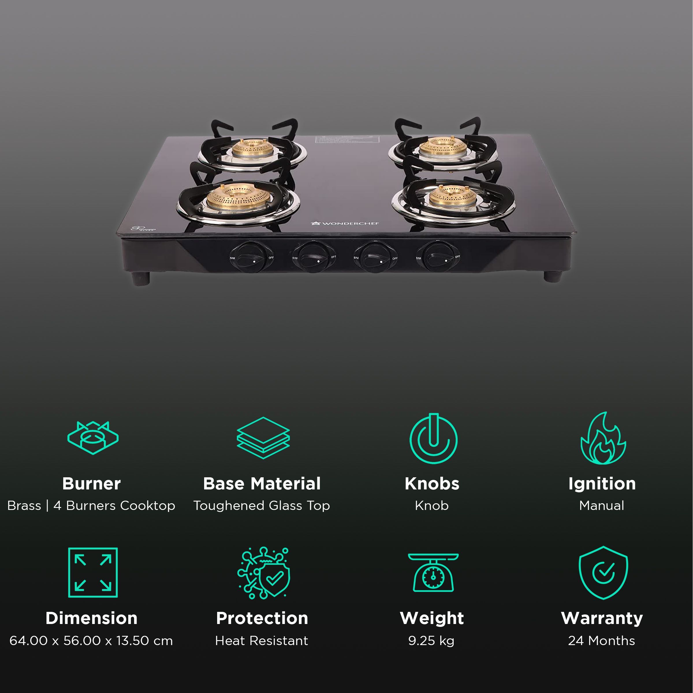 WONDERCHEF Glory Toughened Glass Top 4 Burner Manual Gas Stove (Heat Resistant Legs, Black)_3
