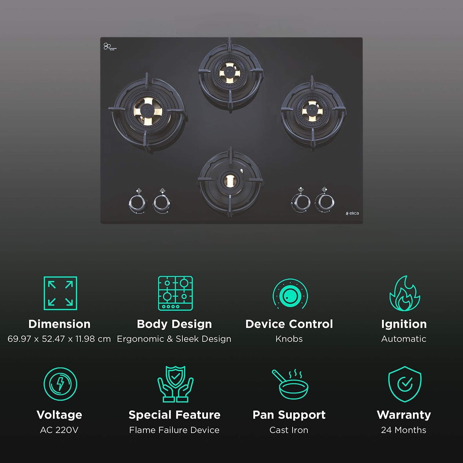 Elica DFS FB MFC 4B 70 FFD 4 Burner Automatic Hob (Multi Flame Control, Black)_3