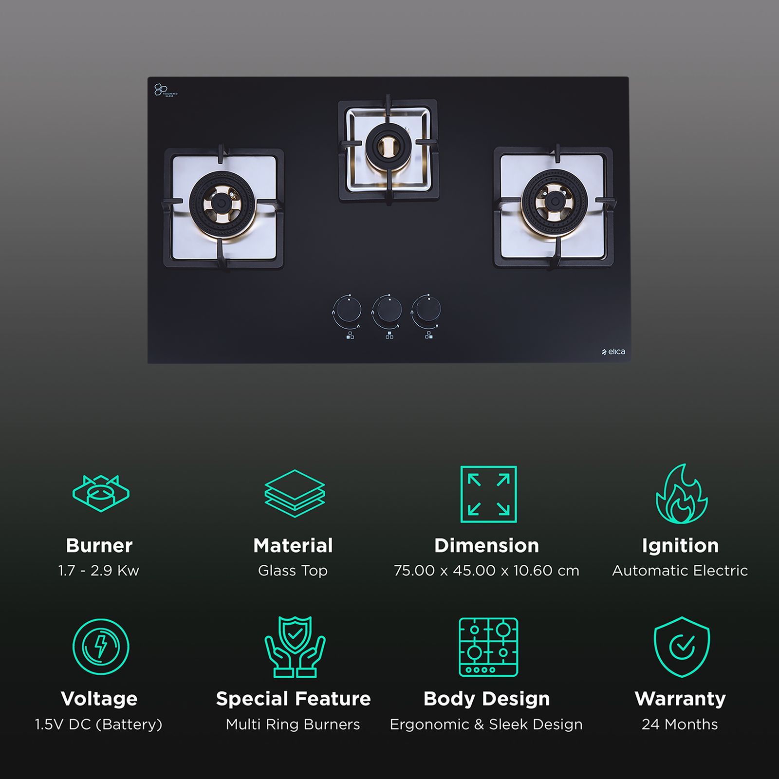 Elica IND FLEXI FB 375 DX DFS Glass Top 3 Burner Automatic Electric Hob (Cast Iron Grid, Black) Elica IND FLEXI FB 375 DX DFS Glass Top 3 Burner Automatic Electric Hob (Cast Iron Grid, Black)_3