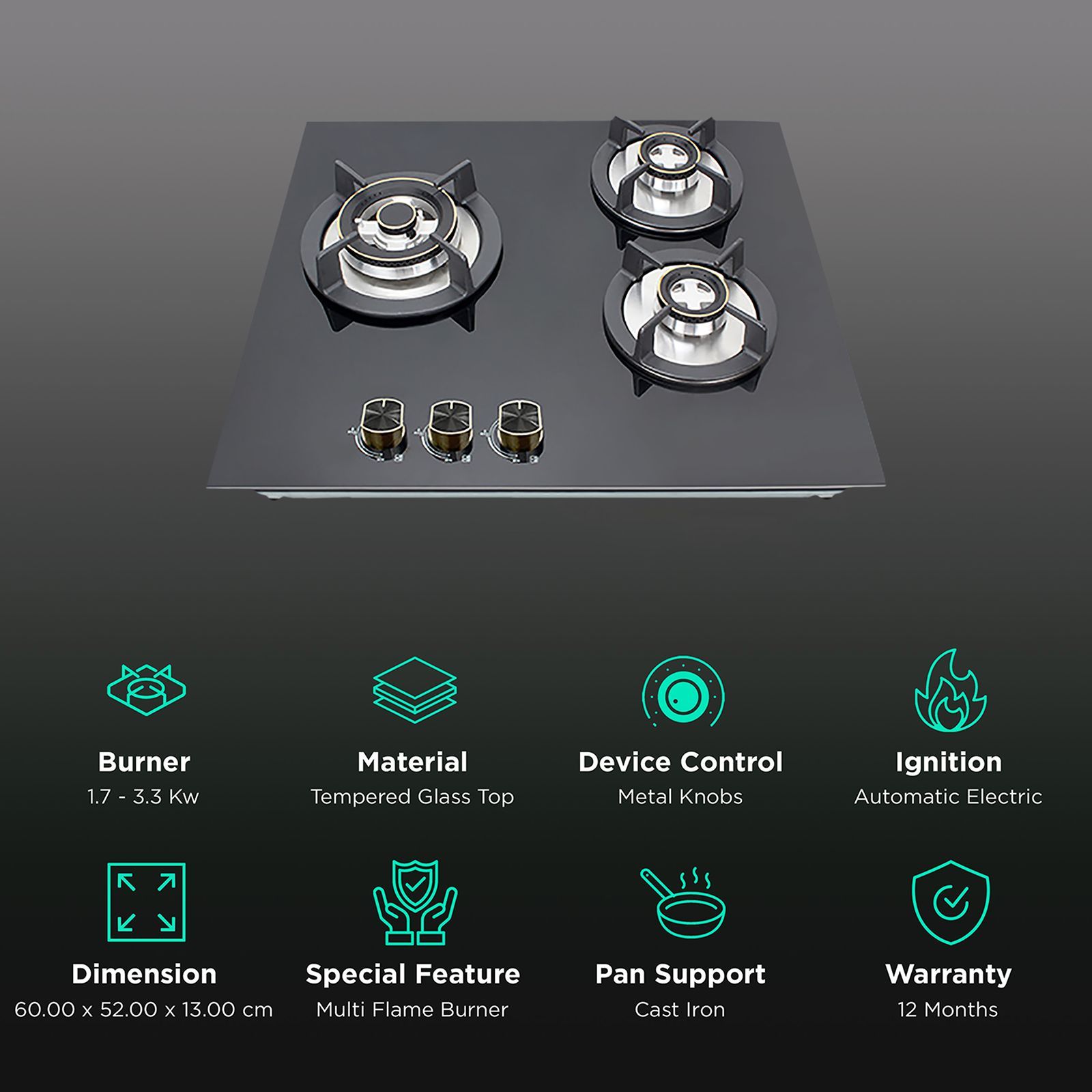 Kutchina Flamma 3B Eco 60 Tempered Glass Top 3 Burner Automatic Electric Hob (Multi Flame Burner, Black)_3