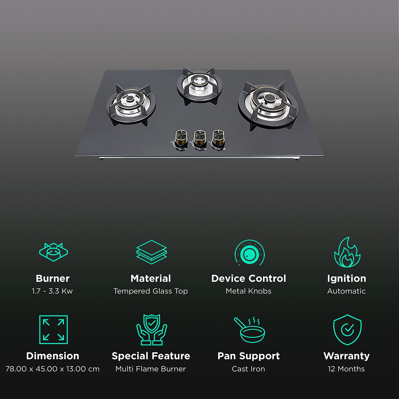 Kutchina Flamma 3B Eco 78 Tempered Glass Top 3 Burner Automatic Hob (Multi Flame Burner, Black)_3