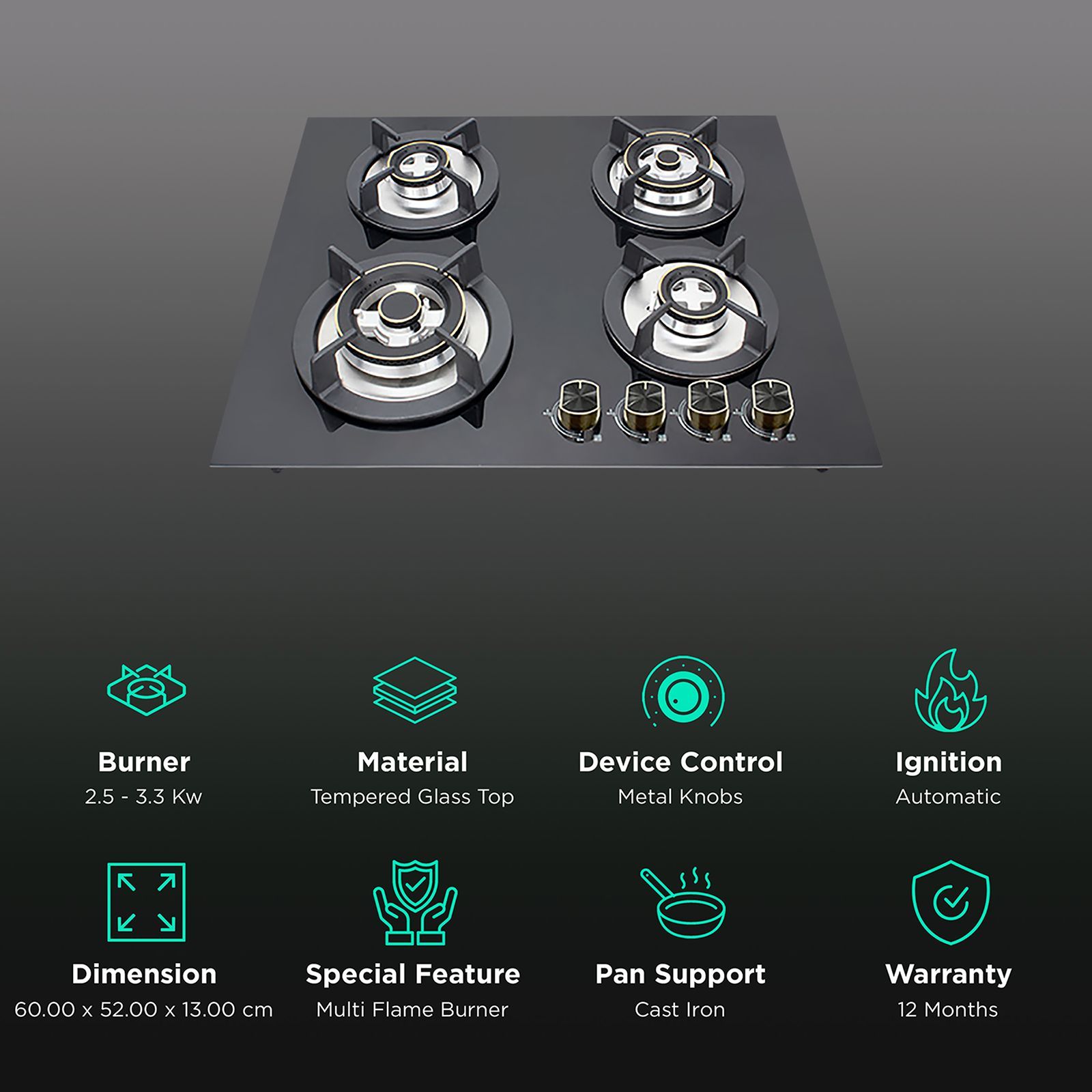 Kutchina Flamma 4B Eco 60 Tempered Glass Top 4 Burner Automatic Hob (Multi Flame Burner, Black)_3