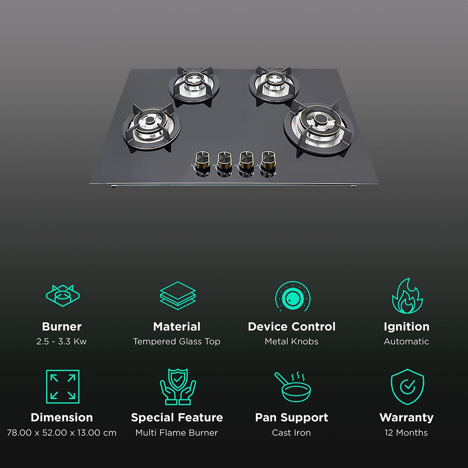 Kutchina Flamma 4B Eco 78 Tempered Glass Top 4 Burner Automatic Hob (Multi Flame Burner, Black)_3