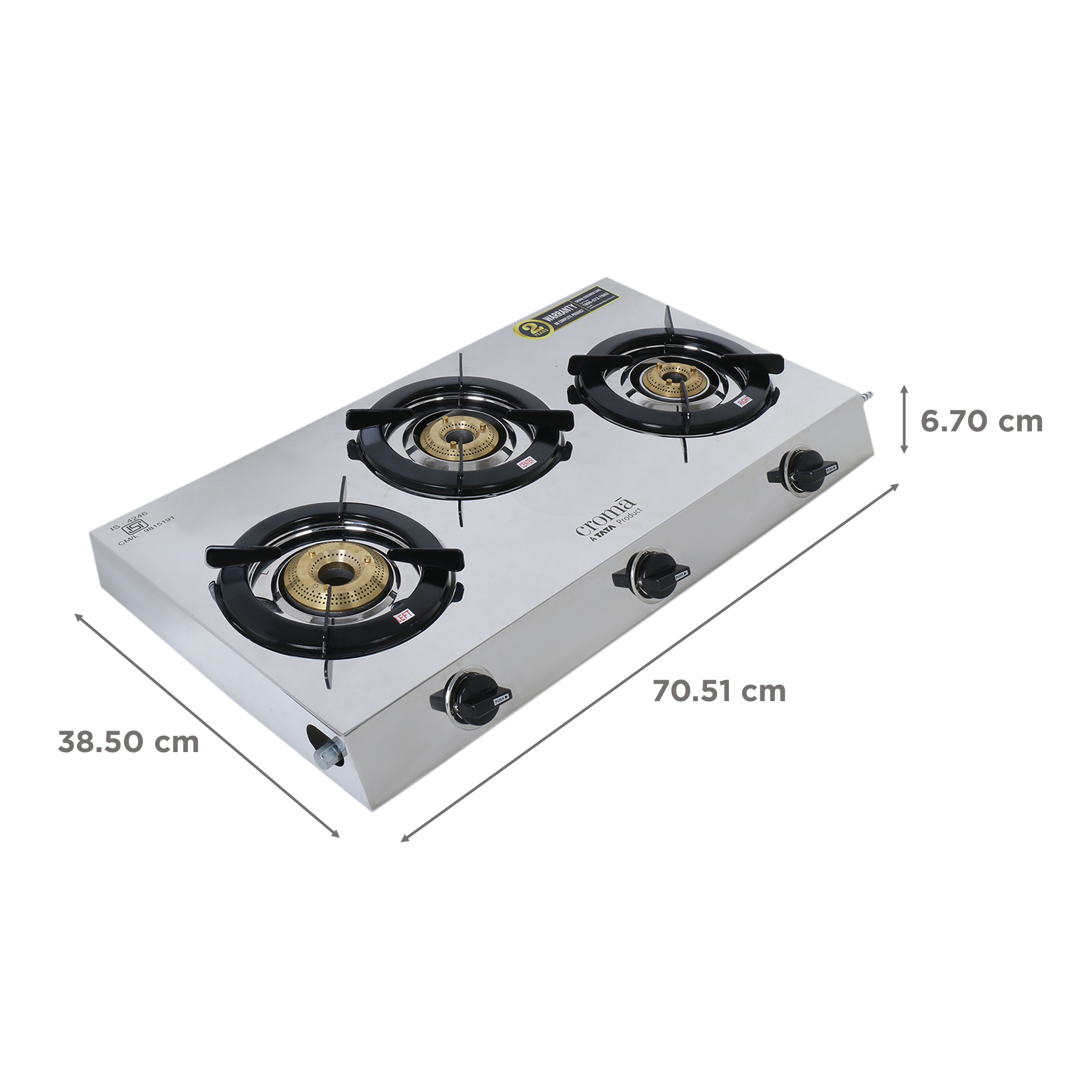 Croma 3 Burner Manual Gas Stove (Stainless Steel, Silver)_2