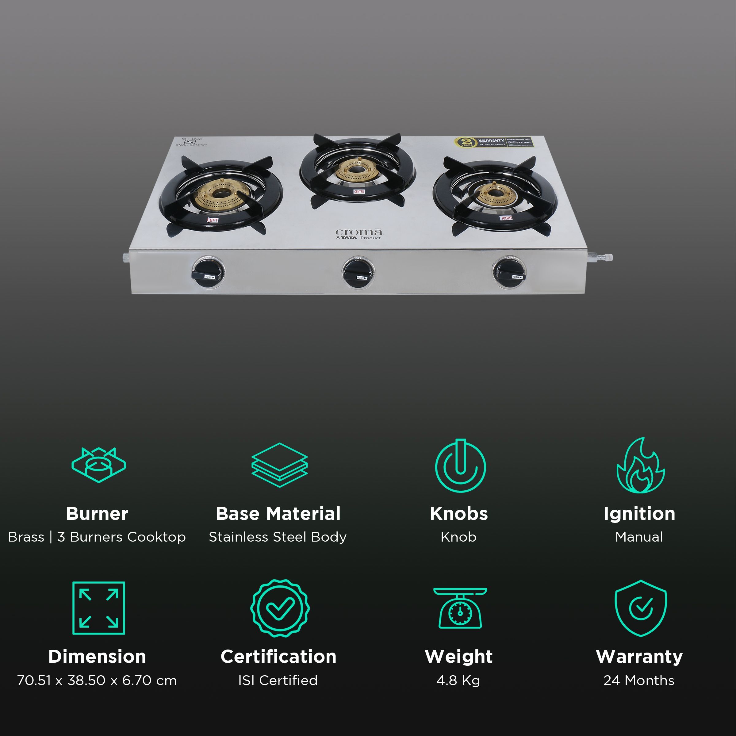 Croma 3 Burner Manual Gas Stove (Stainless Steel, Silver)_3