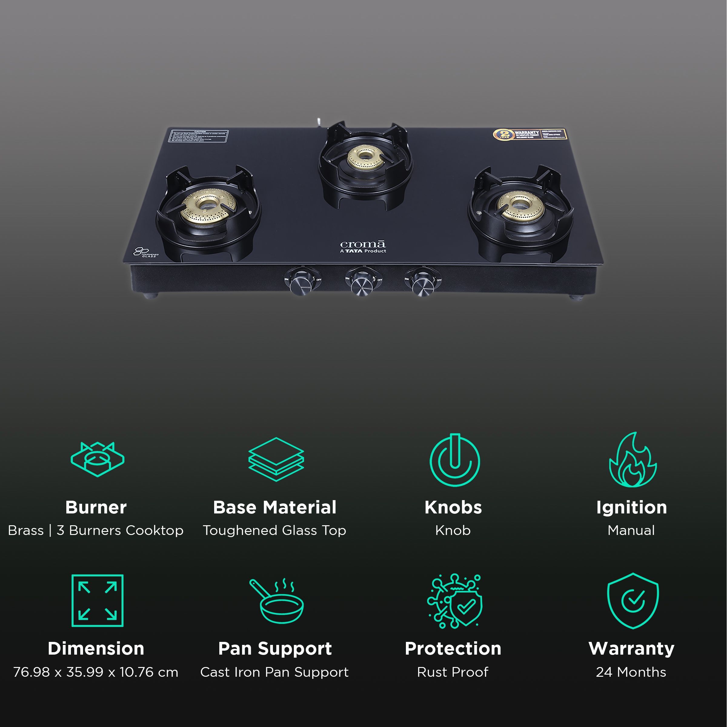 Croma Toughened Glass Top 3 Burner Manual Gas Stove (Rust Proof, Black) Croma Toughened Glass Top 3 Burner Manual Gas Stove (Rust Proof, Black)_3
