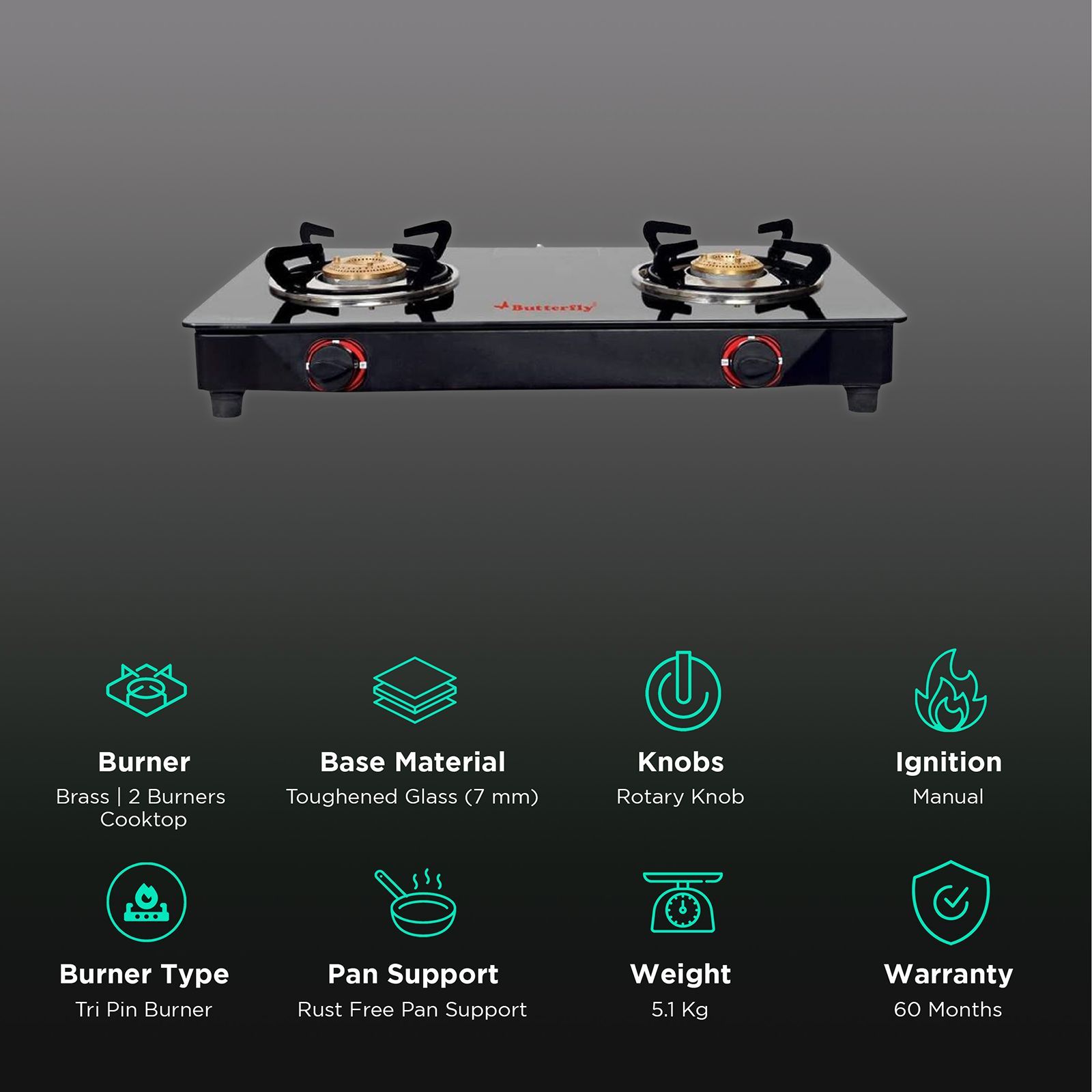 Butterfly Wave Toughened Glass Top 2 Burner Manual Gas Stove (Rust Free Pan Stand, Black)_3