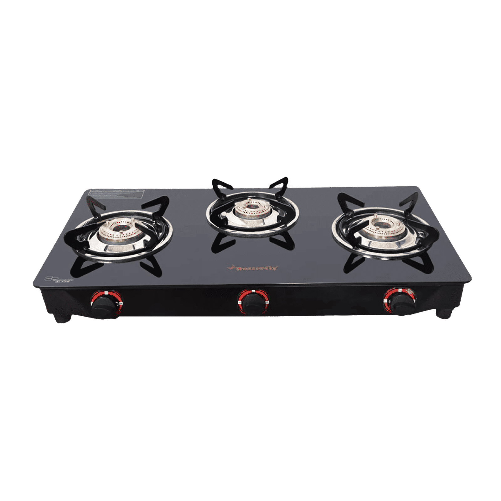 Butterfly Wave Toughened Glass Top 3 Burner Manual Gas Stove (Rust Free Pan Stand, Black)_1