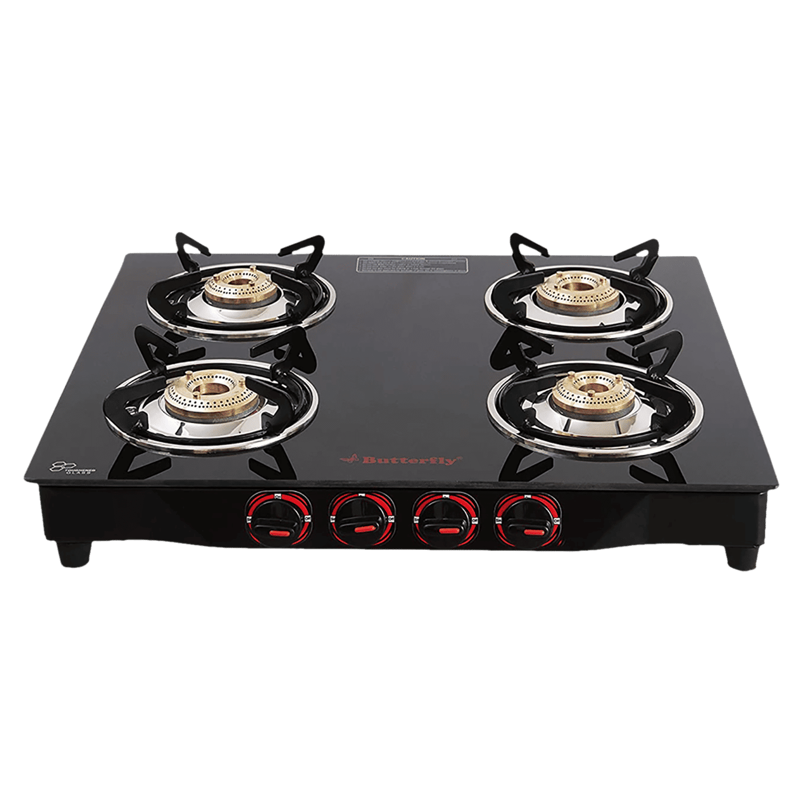 Butterfly Wave Toughened Glass Top 4 Burner Manual Gas Stove (Rust Free Pan Stand, Black)_1
