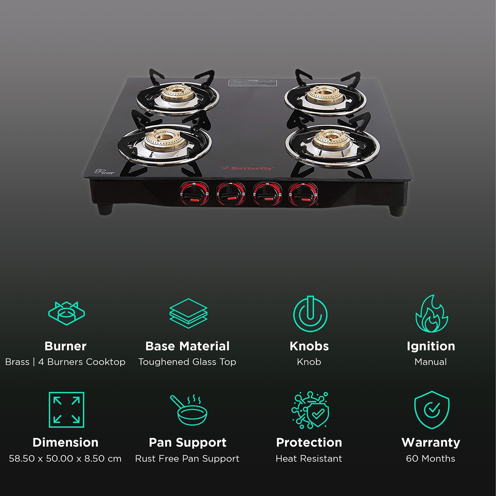 Butterfly Wave Toughened Glass Top 4 Burner Manual Gas Stove (Rust Free Pan Stand, Black)_3