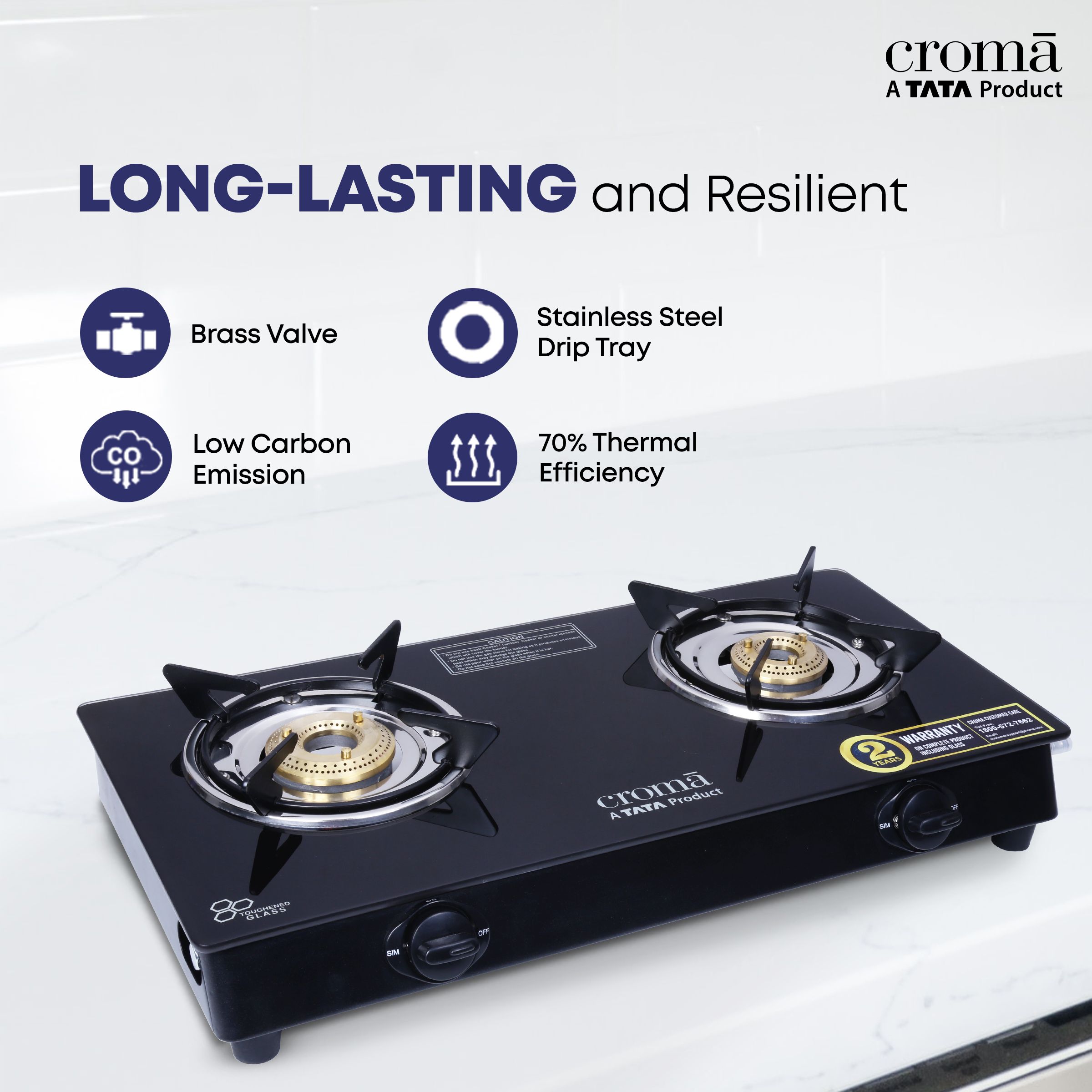 Croma Classic Toughened Glass Top 2 Burner Manual Gas Stove (ISI Certified, Black)_5