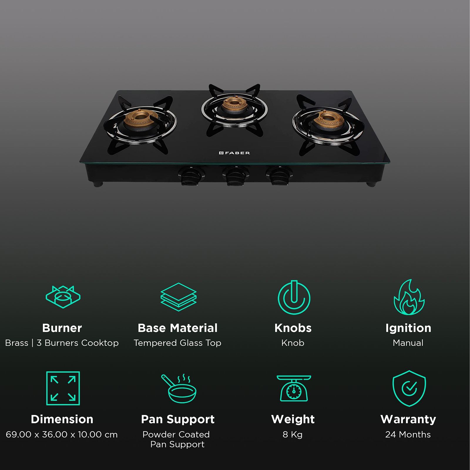 Faber Marvel 3BB BK Tempered Glass Top 3 Burner Manual Gas Stove (Scratch Resistant, Black)_3