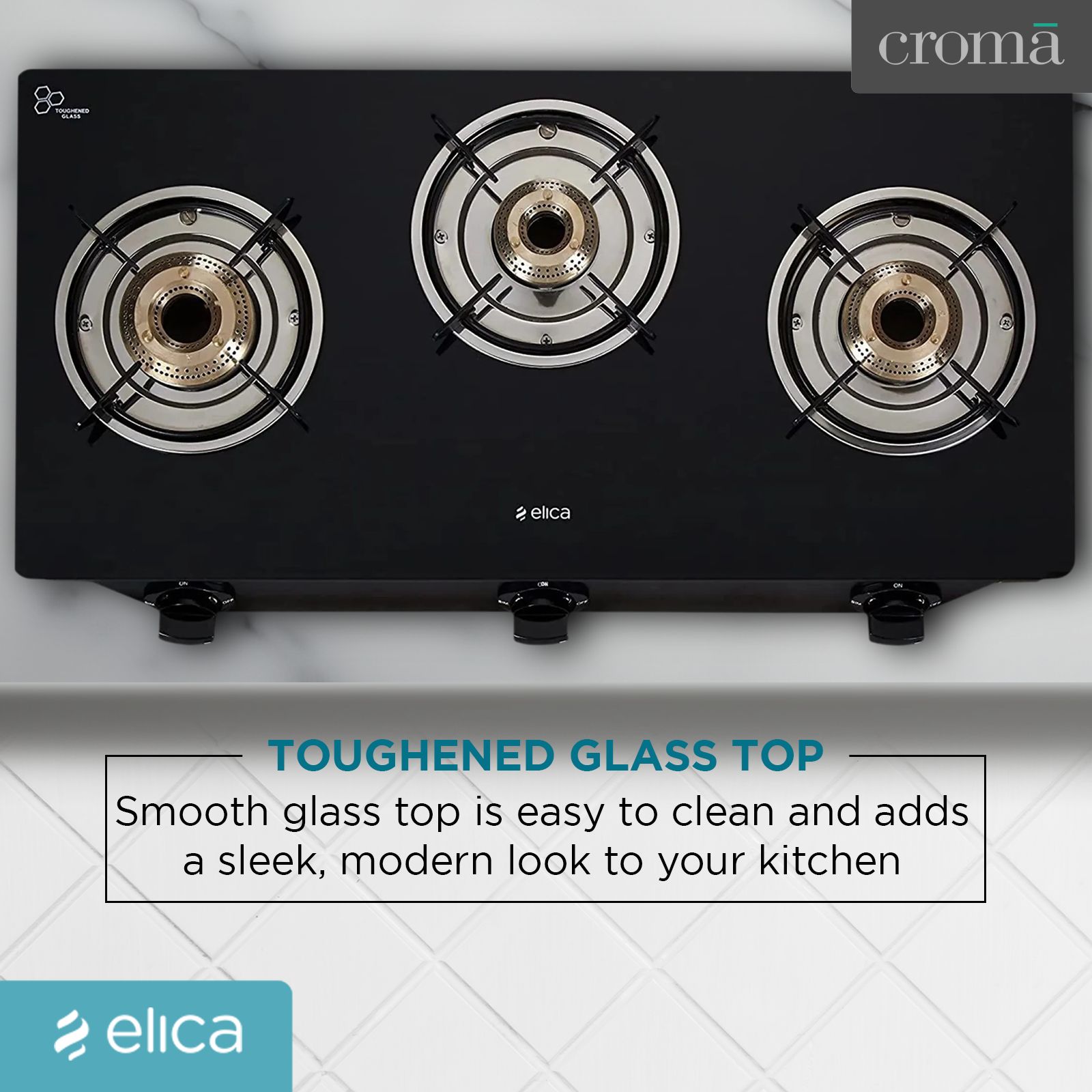 Elica CT VETRO 370 J Toughened Glass Top 3 Burner Manual Gas Stove (Rust Resistant, Black)_8