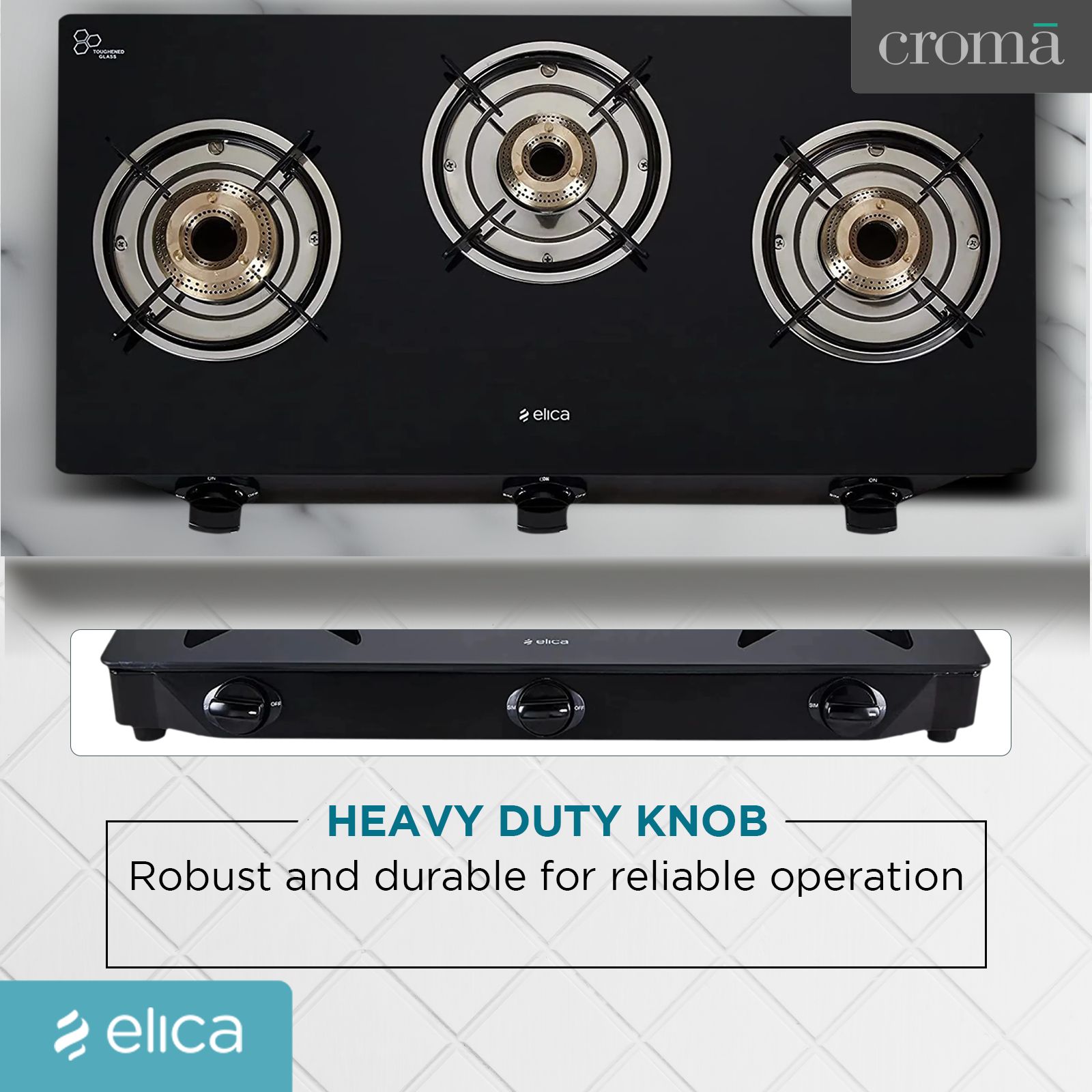 Elica CT VETRO 370 J Toughened Glass Top 3 Burner Manual Gas Stove (Rust Resistant, Black)_10