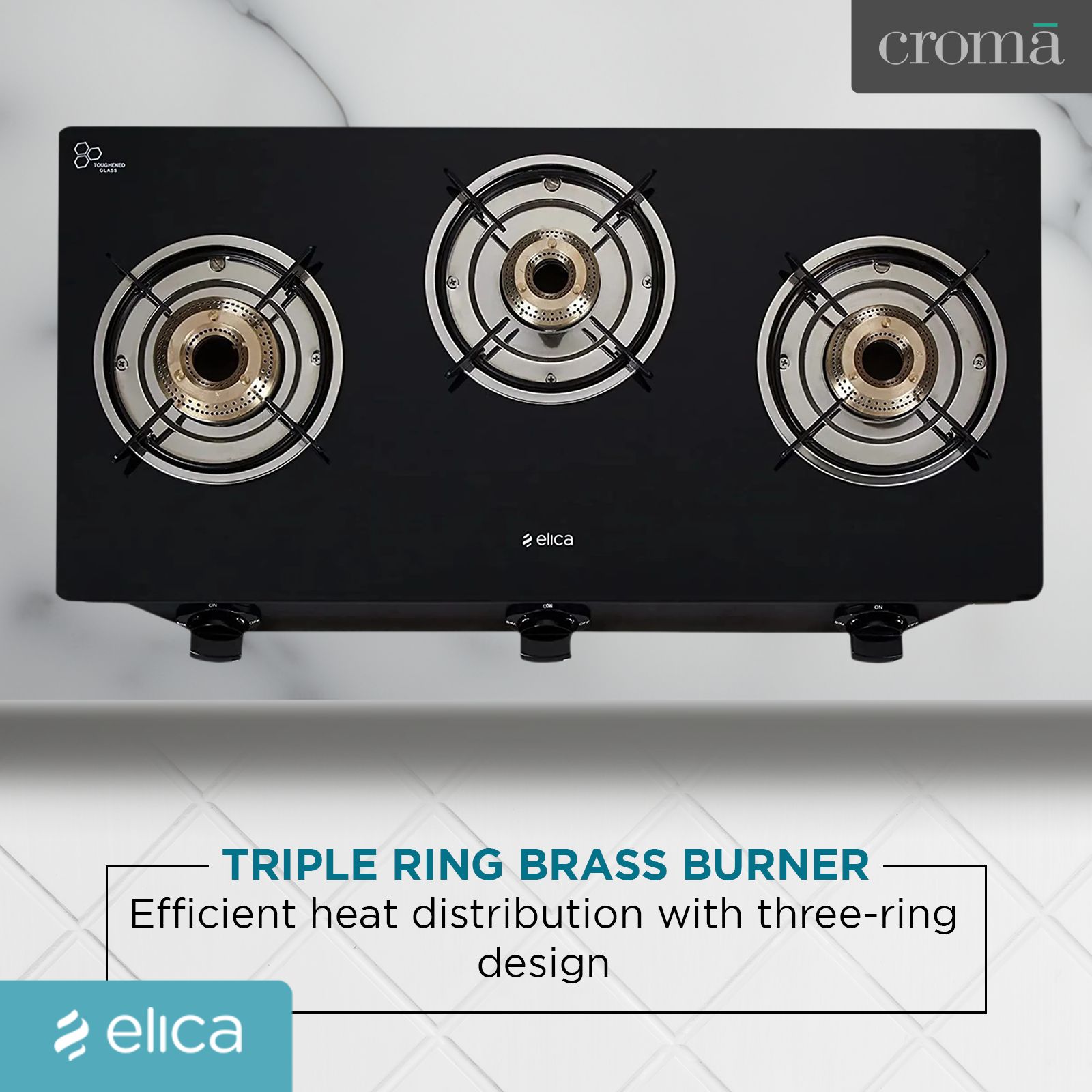 Elica CT VETRO 370 J Toughened Glass Top 3 Burner Manual Gas Stove (Rust Resistant, Black)_7