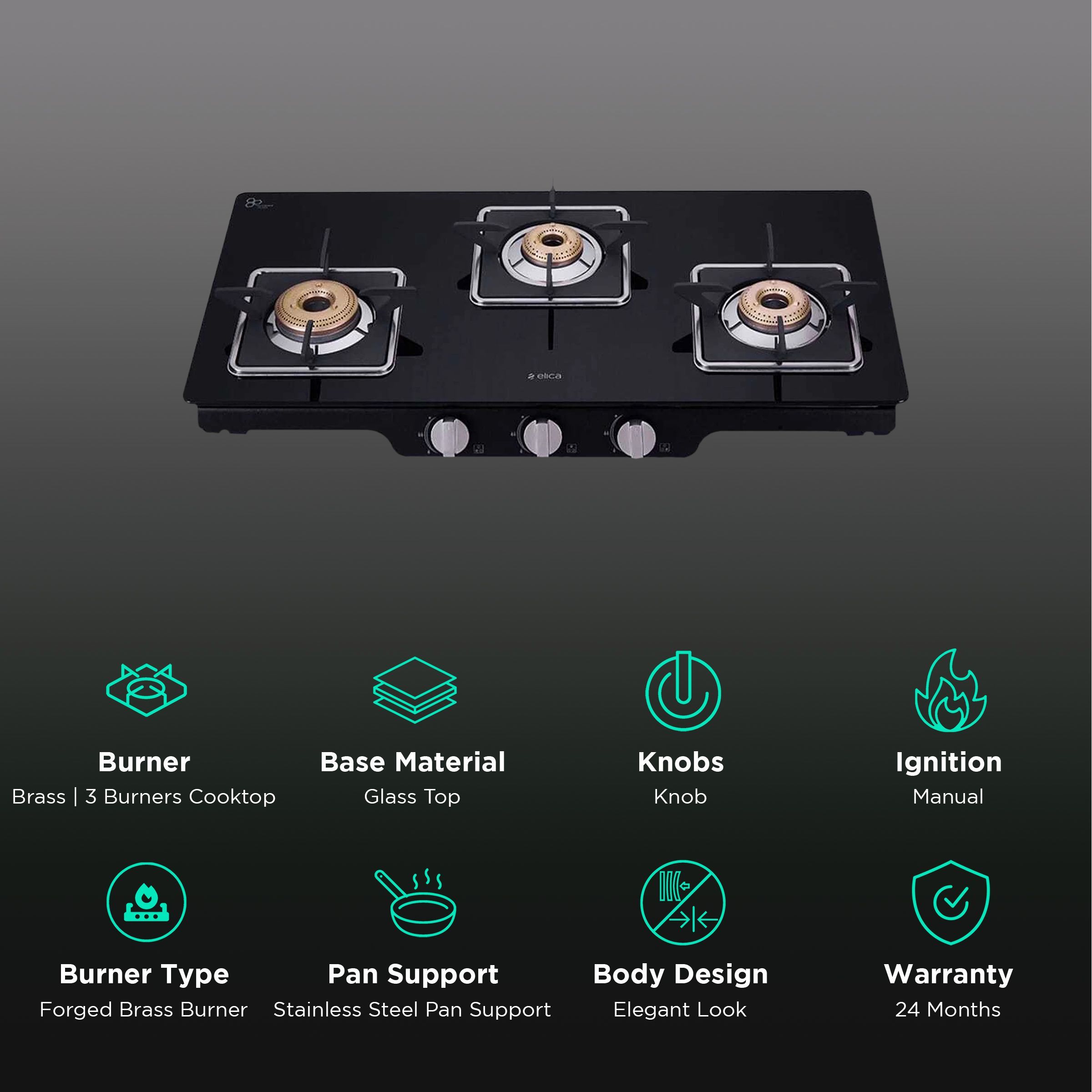 Elica Patio ICT 773 BLK SPF SERIES Glass Top 3 Burner Manual Gas Stove (Square Grid, Black) Elica Patio ICT 773 BLK SPF SERIES Glass Top 3 Burner Manual Gas Stove (Square Grid, Black)_3