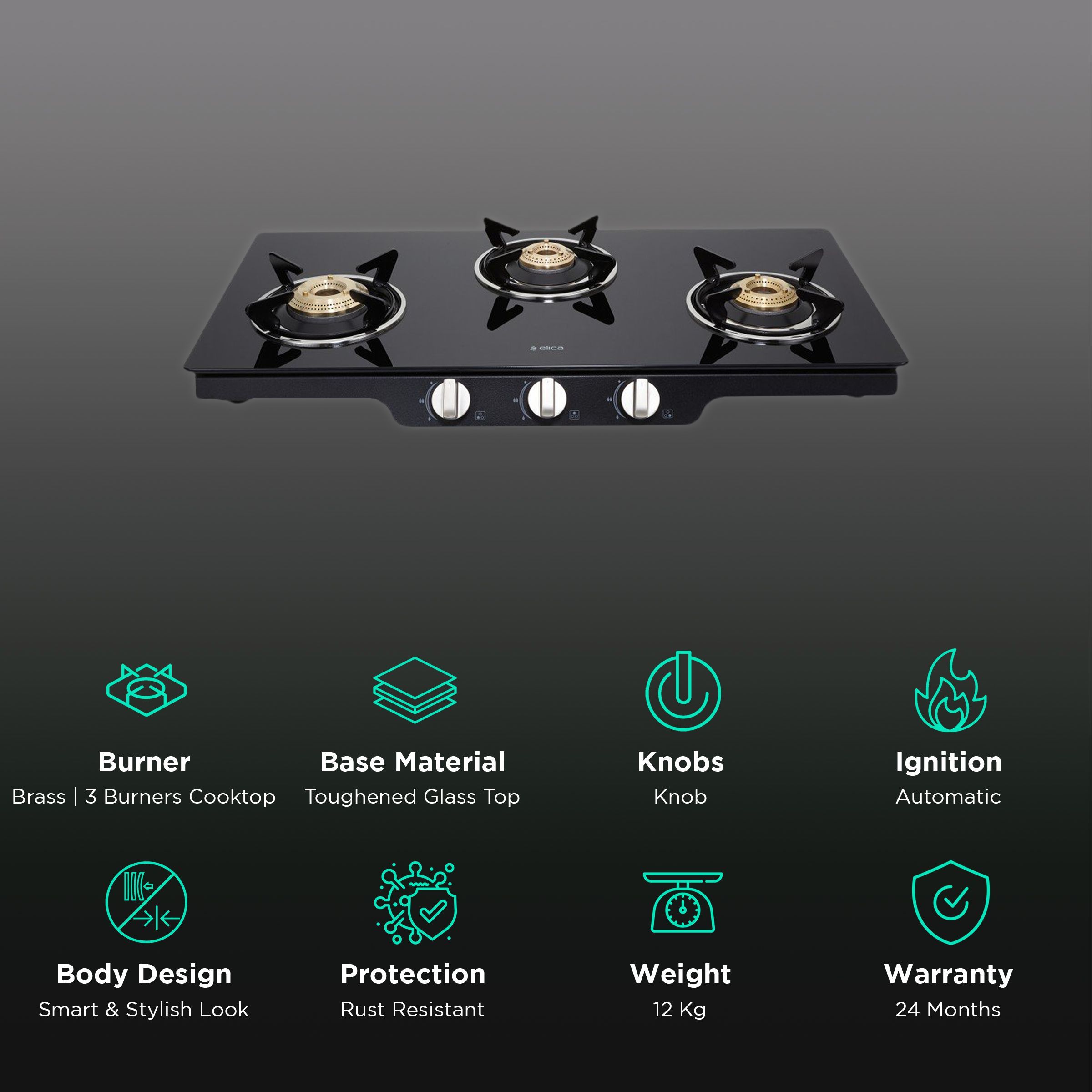 Elica Patio ICT 773 BLK SS DT AI Toughened Glass Top 3 Burner Automatic Gas Stove (Rust Resistant, Black) Elica Patio ICT 773 BLK SS DT AI Toughened Glass Top 3 Burner Automatic Gas Stove (Rust Resistant, Black)_3