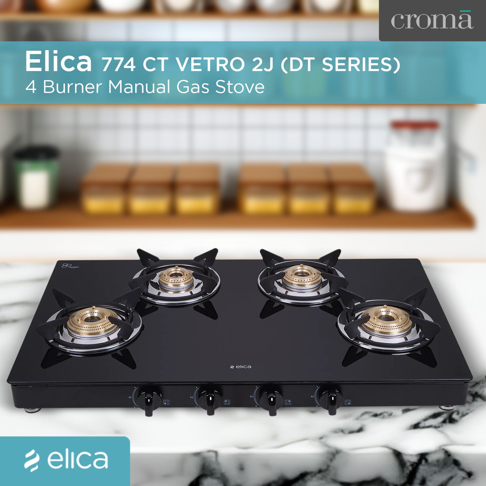 elica 774 CT VETRO 2J (DT SERIES) Glass Top 4 Burner Manual Gas Stove (Round Eurocoated Grids, Black)_4