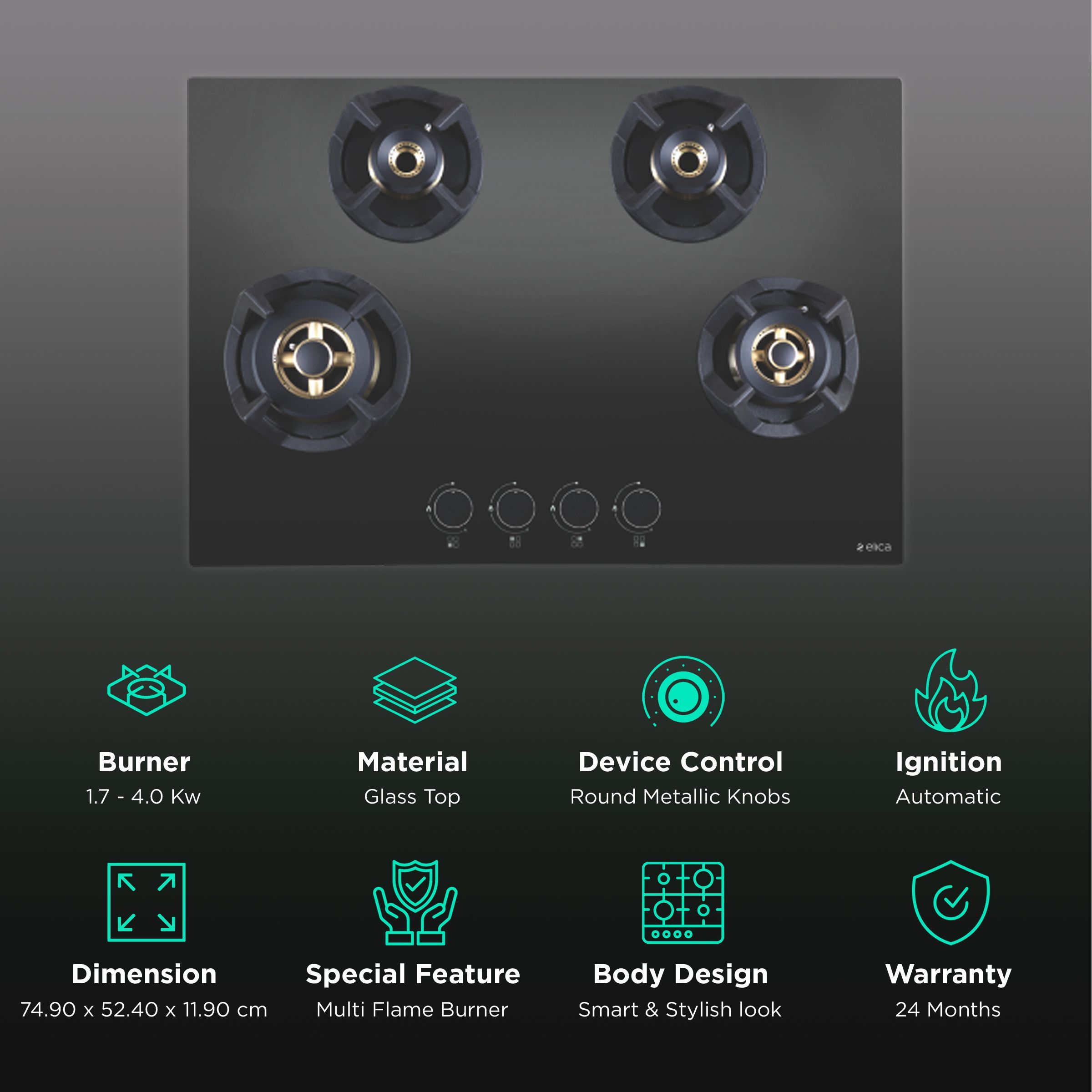 Elica CLASSIC FB MFC 4B 75 MT Glass Top 4 Burner Automatic Hob (Round Metallic Knob, Black)_3