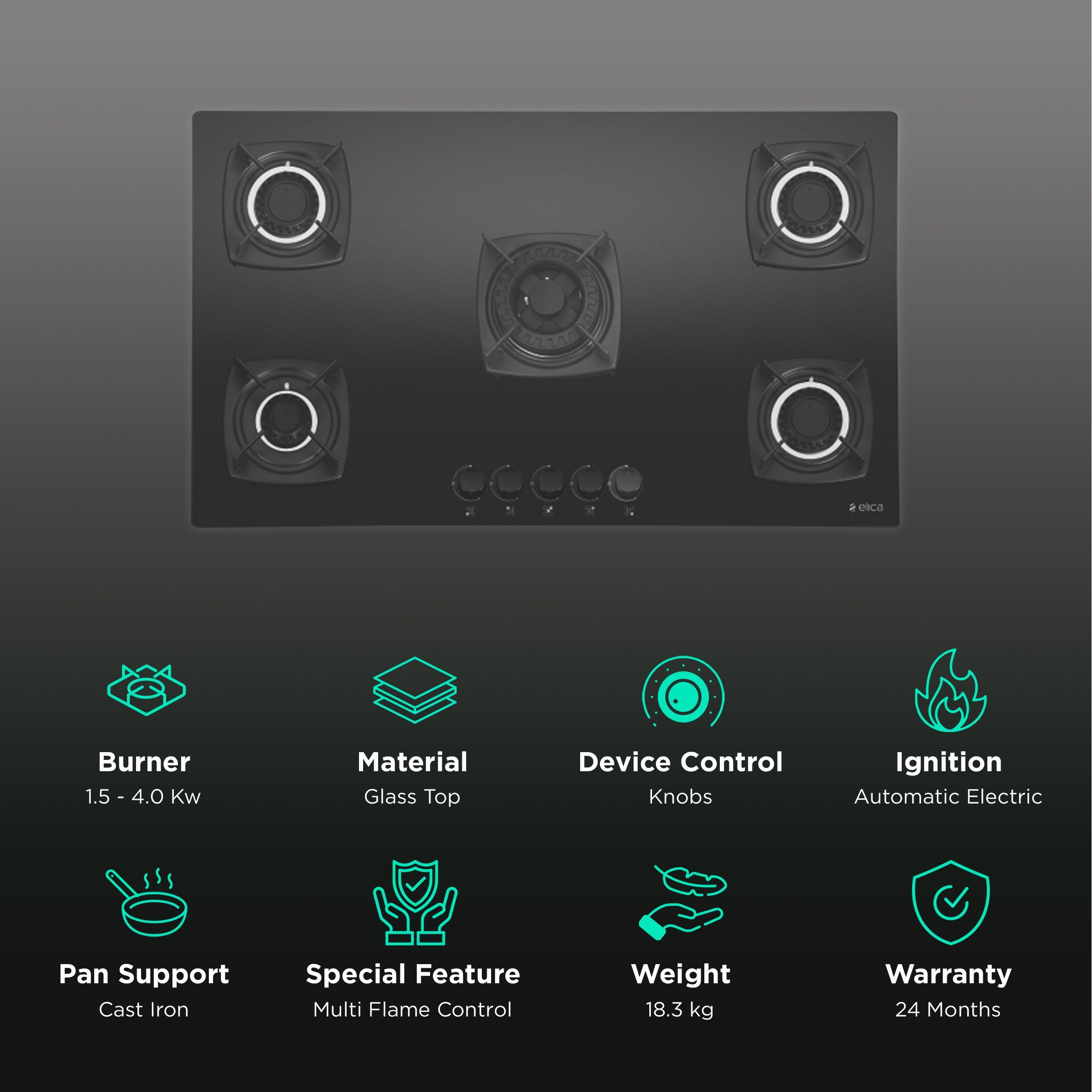 Elica DT FB MFC 5B 90 SWIRL Glass Top 5 Burner Automatic Electric Hob (Cast Iron Grid, Black)_3