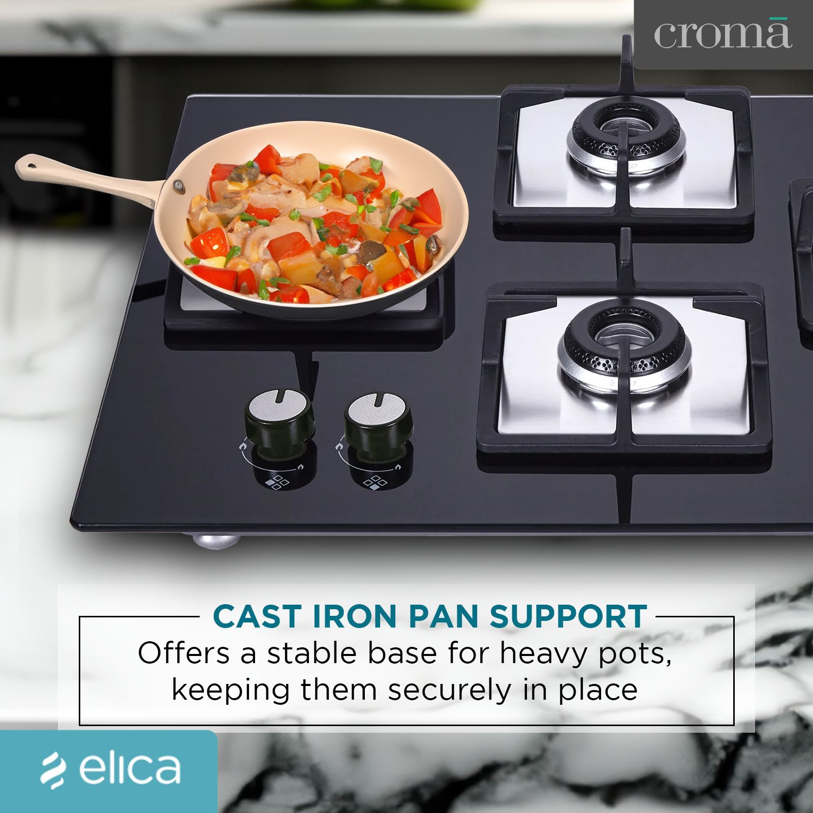 Elica FLEXI HCT 460 DX LOTUS BK 4 Burner Automatic Hob (Cast Iron Grid, Black)_6