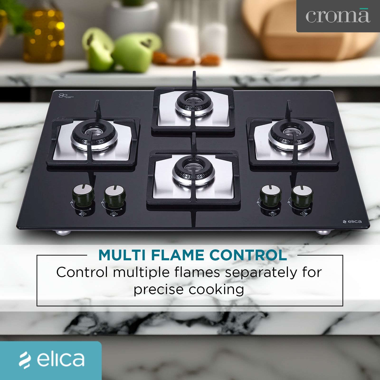 Elica FLEXI HCT 460 DX LOTUS BK 4 Burner Automatic Hob (Cast Iron Grid, Black)_8
