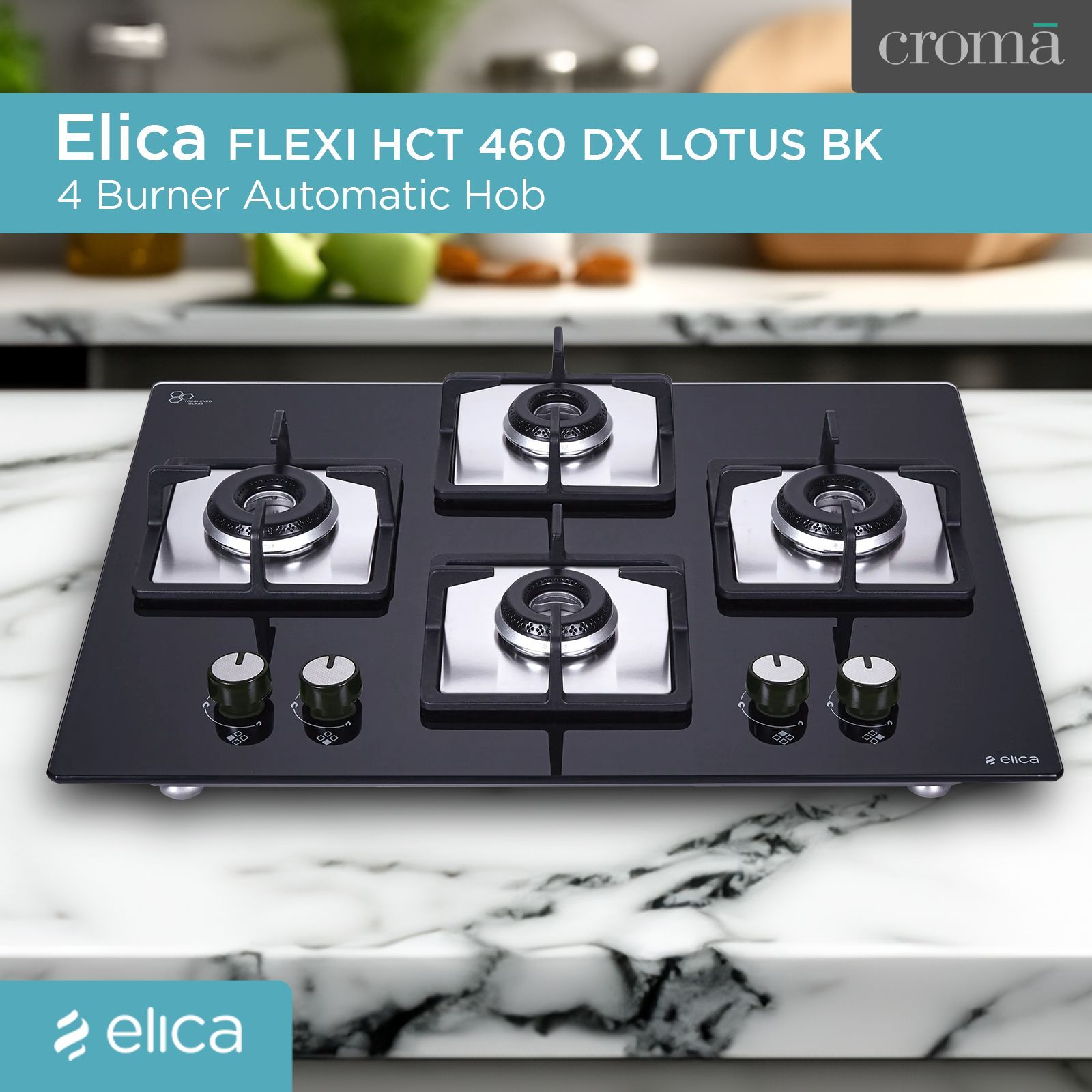 Elica FLEXI HCT 460 DX LOTUS BK 4 Burner Automatic Hob (Cast Iron Grid, Black)_4