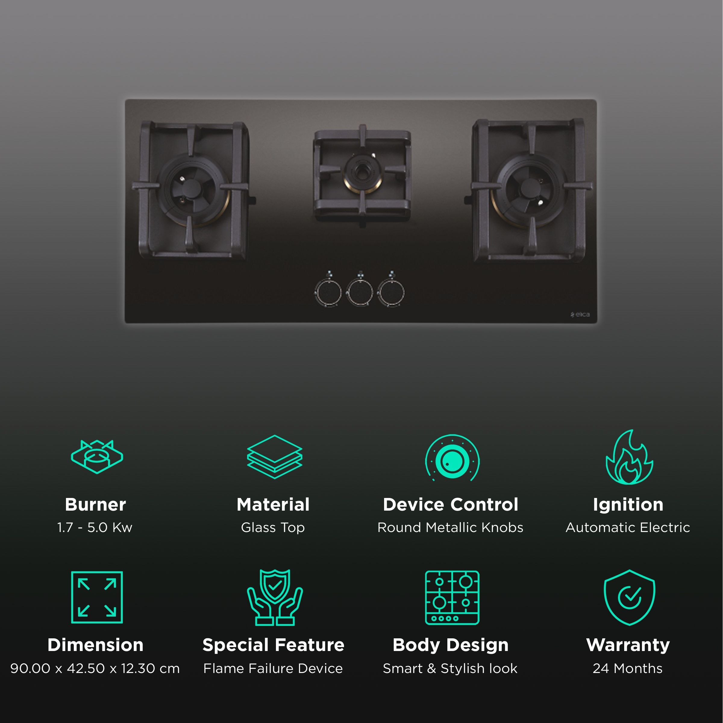 Elica PRO MAX FB MFC 3B 90 DX Glass Top 3 Burner Automatic Electric Hob (Round Metallic Knob, Black) Elica PRO MAX FB MFC 3B 90 DX Glass Top 3 Burner Automatic Electric Hob (Round Metallic Knob, Black)_3