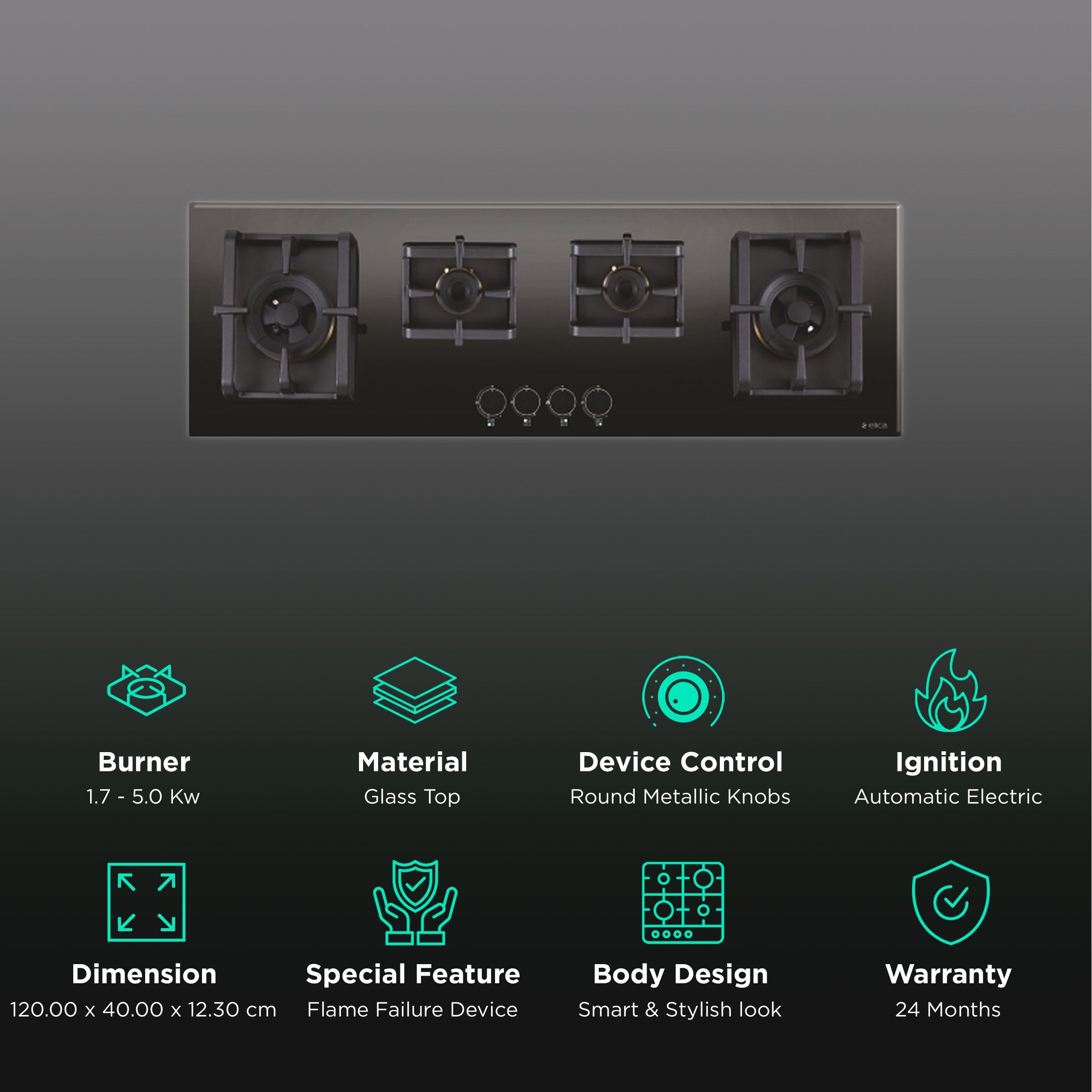 Elica PRO MAX FB MFC 4B 120 DX FFD Glass Top 4 Burner Automatic Electric Hob (Round Metallic Knob, Black)_3