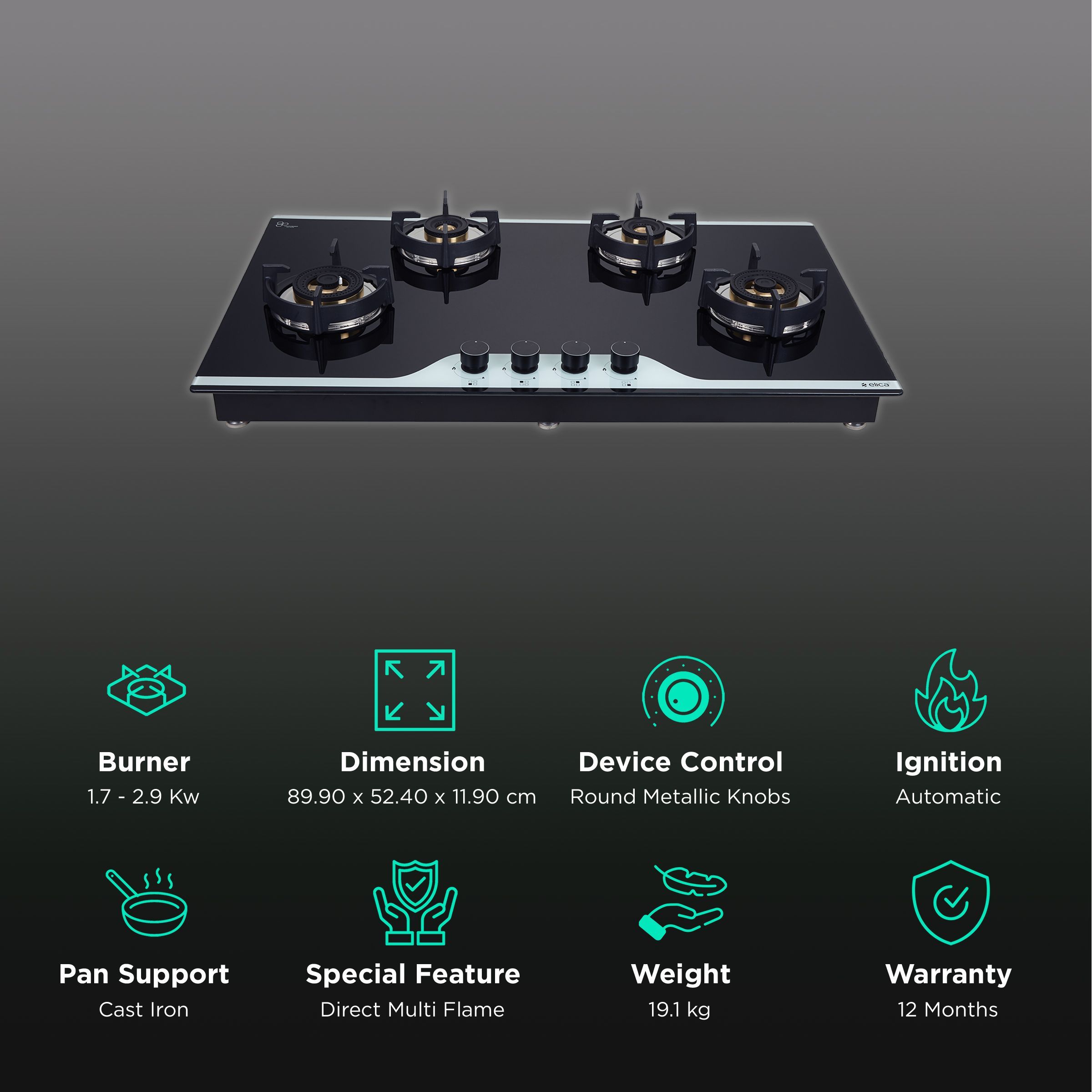 Elica FLEXI DFS FB 490 DX DUAL TONE 4 Burner Automatic Hob (Round Metallic Knob, Black/White)_3