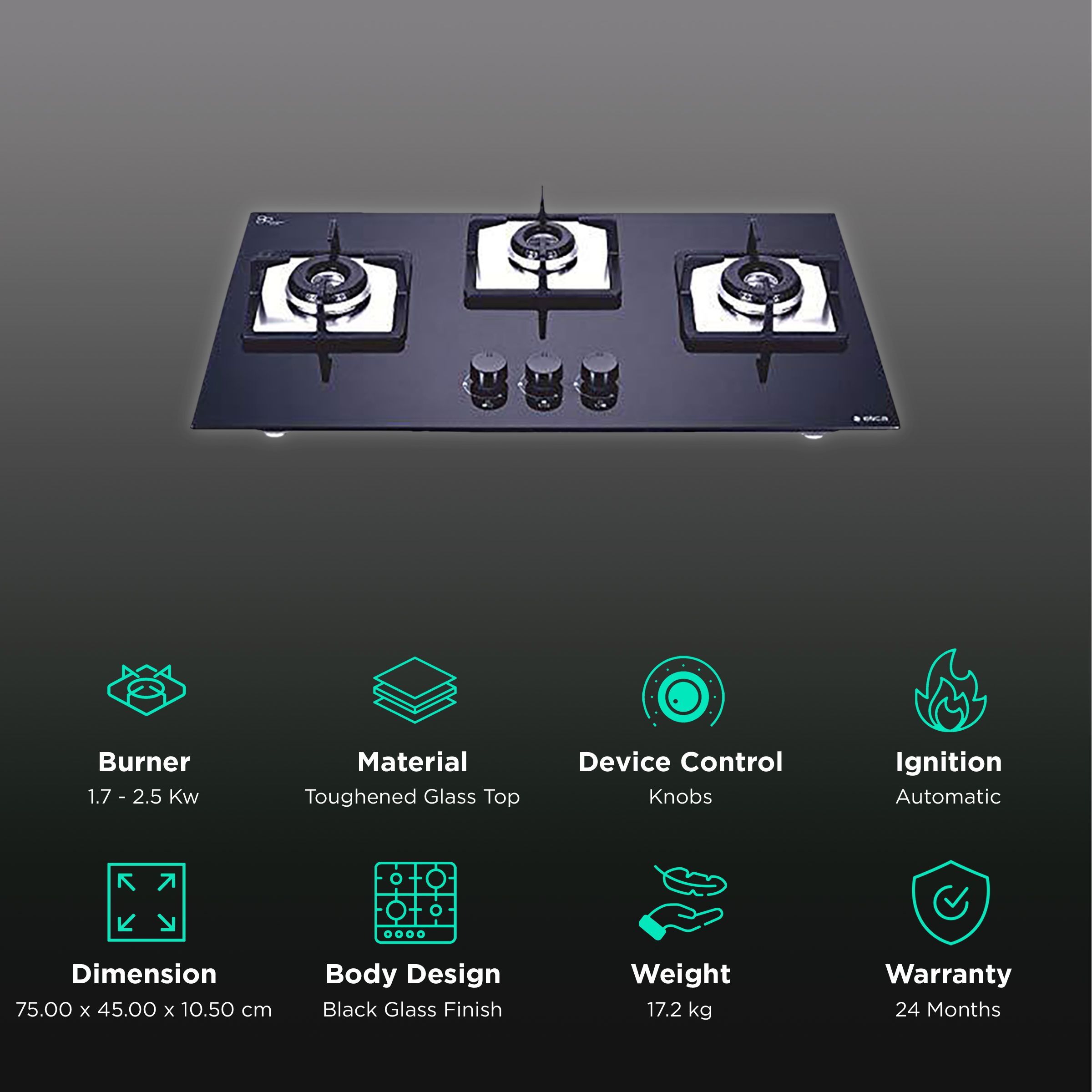 Elica FLEXI HCT 375 DX LOTUS BK DT Toughened Glass Top 3 Burner Automatic Hob (Cast Iron Grid, Black)_3