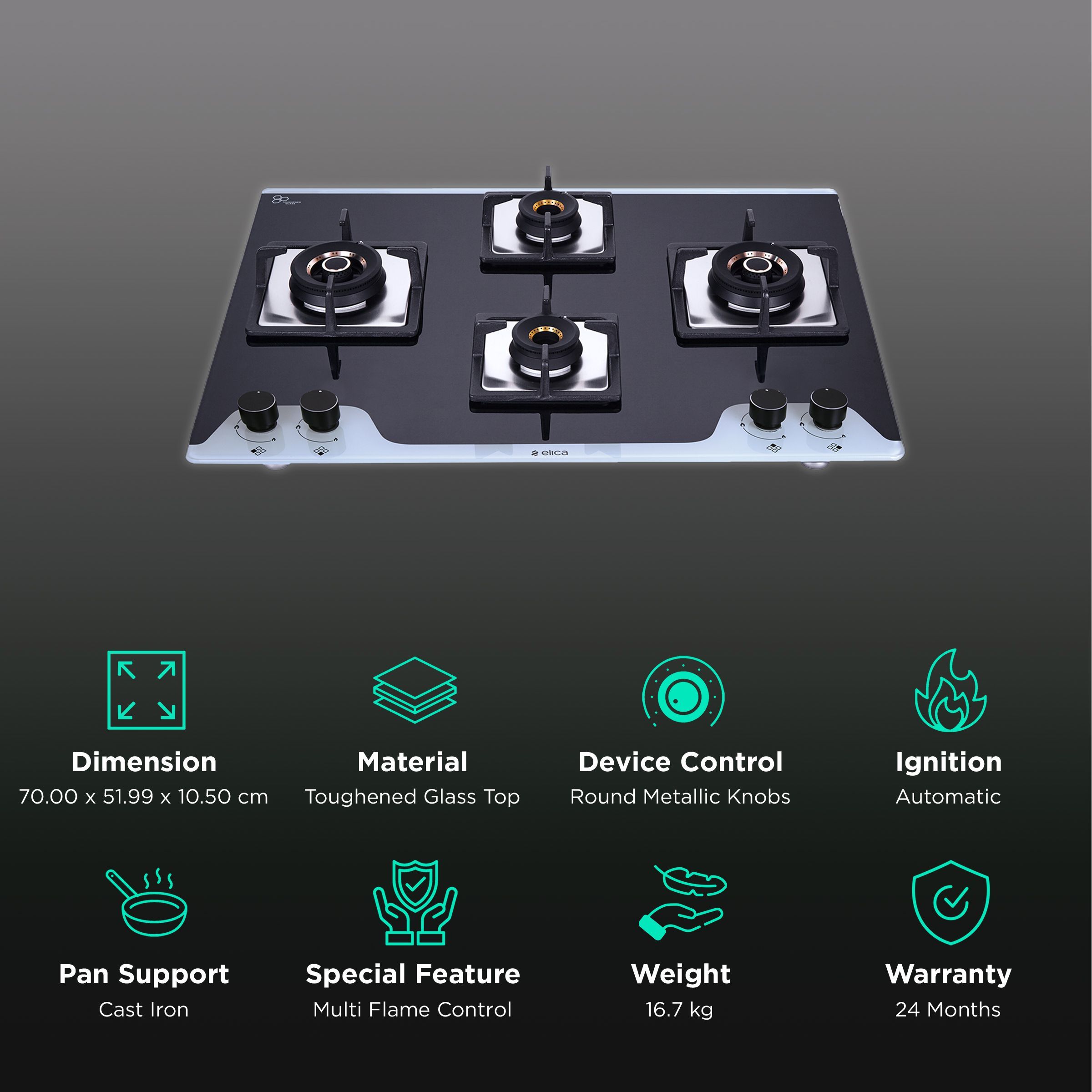 Elica FLEXI AB HCT 470 DX DUAL TONE Toughened Glass Top 4 Burner Automatic Hob (Multi Flame Control, Black/White) Elica FLEXI AB HCT 470 DX DUAL TONE Toughened Glass Top 4 Burner Automatic Hob (Multi Flame Control, Black/White)_3