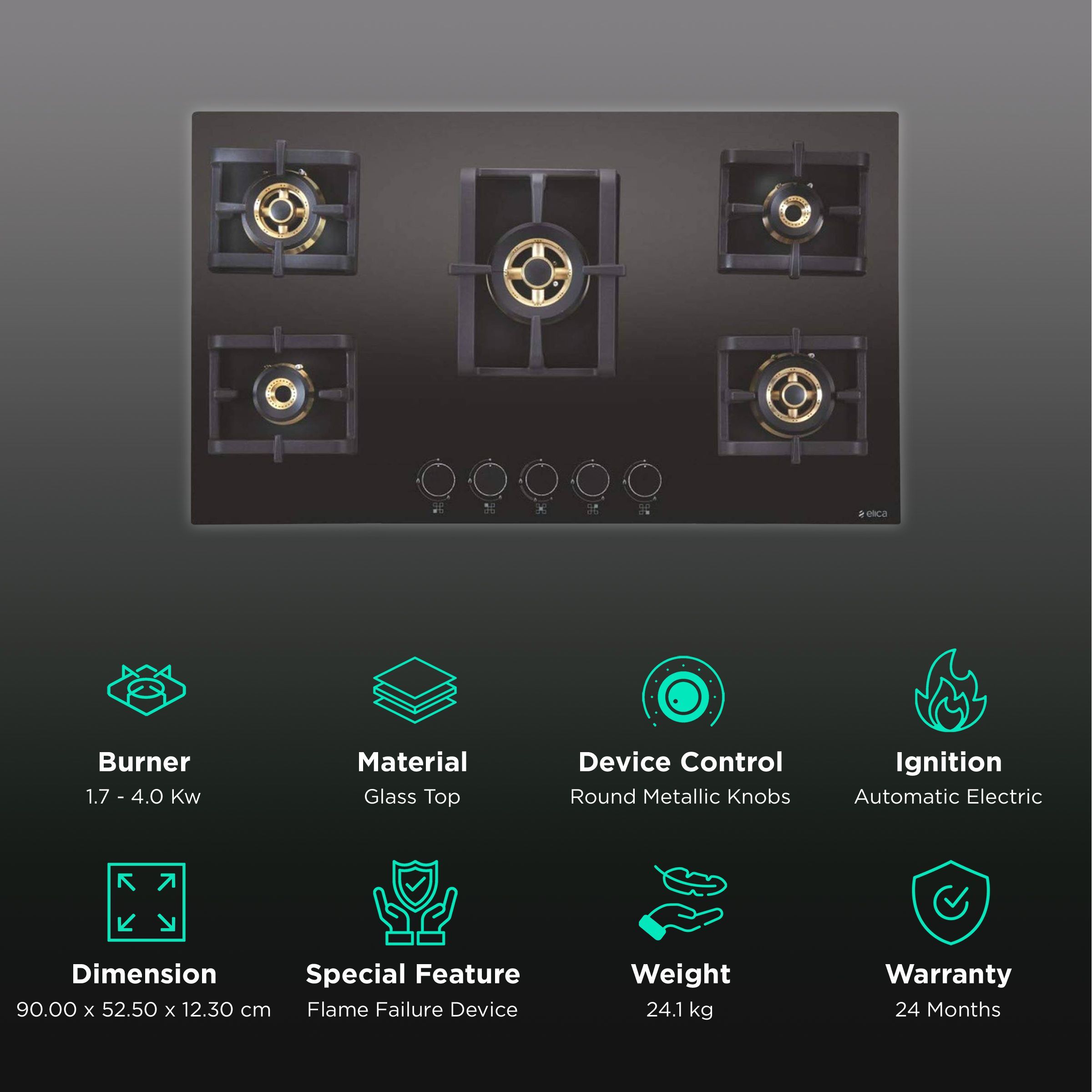 Elica PRO FB MFC 5B 90 MT FFD Glass Top 5 Burner Automatic Electric Hob (Round Metallic Knob, Black)_3