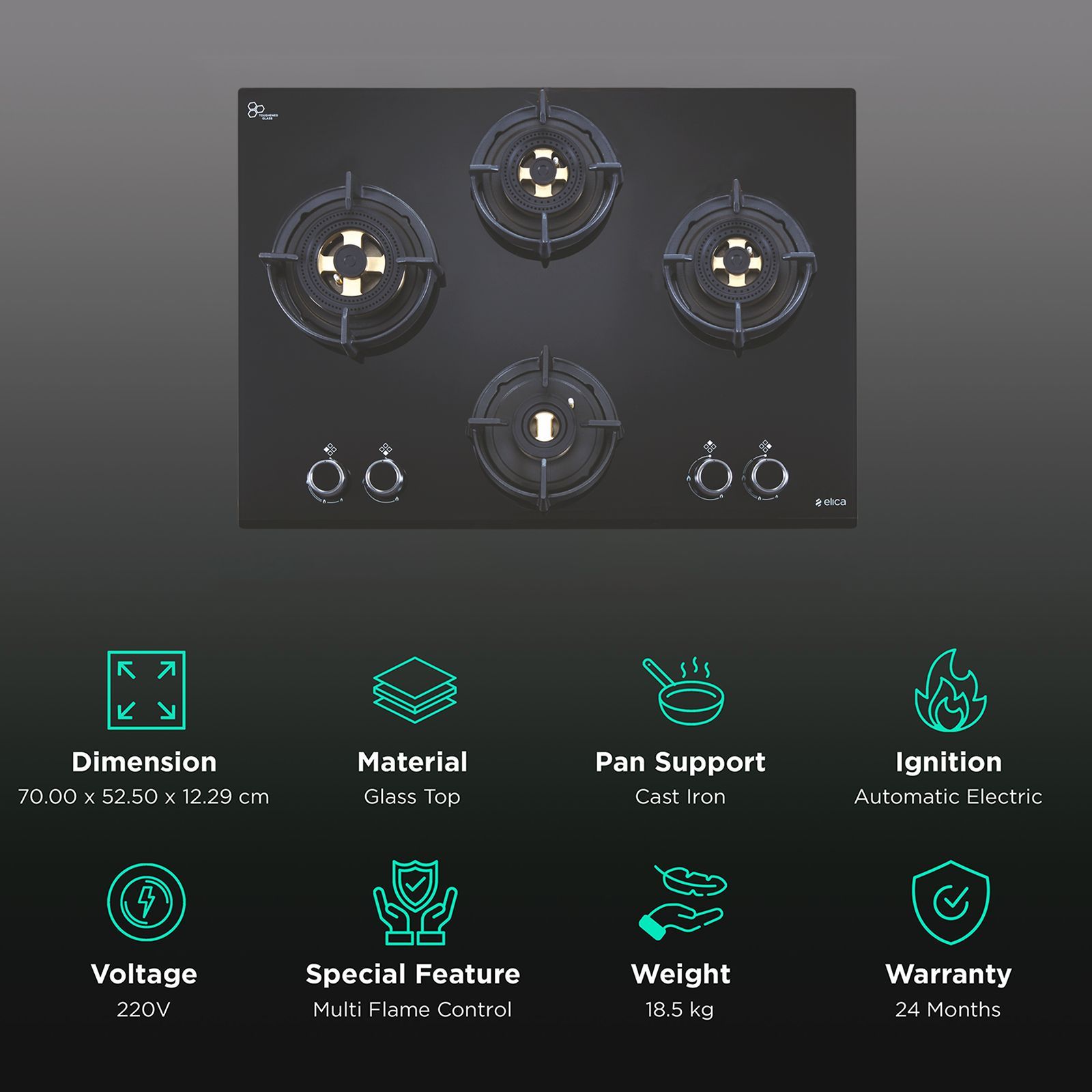 Elica DFS FB MFC 4B 70 Glass Top 4 Burner Automatic Electric Hob (Multi Flame Control, Black) Elica DFS FB MFC 4B 70 Glass Top 4 Burner Automatic Electric Hob (Multi Flame Control, Black)_3