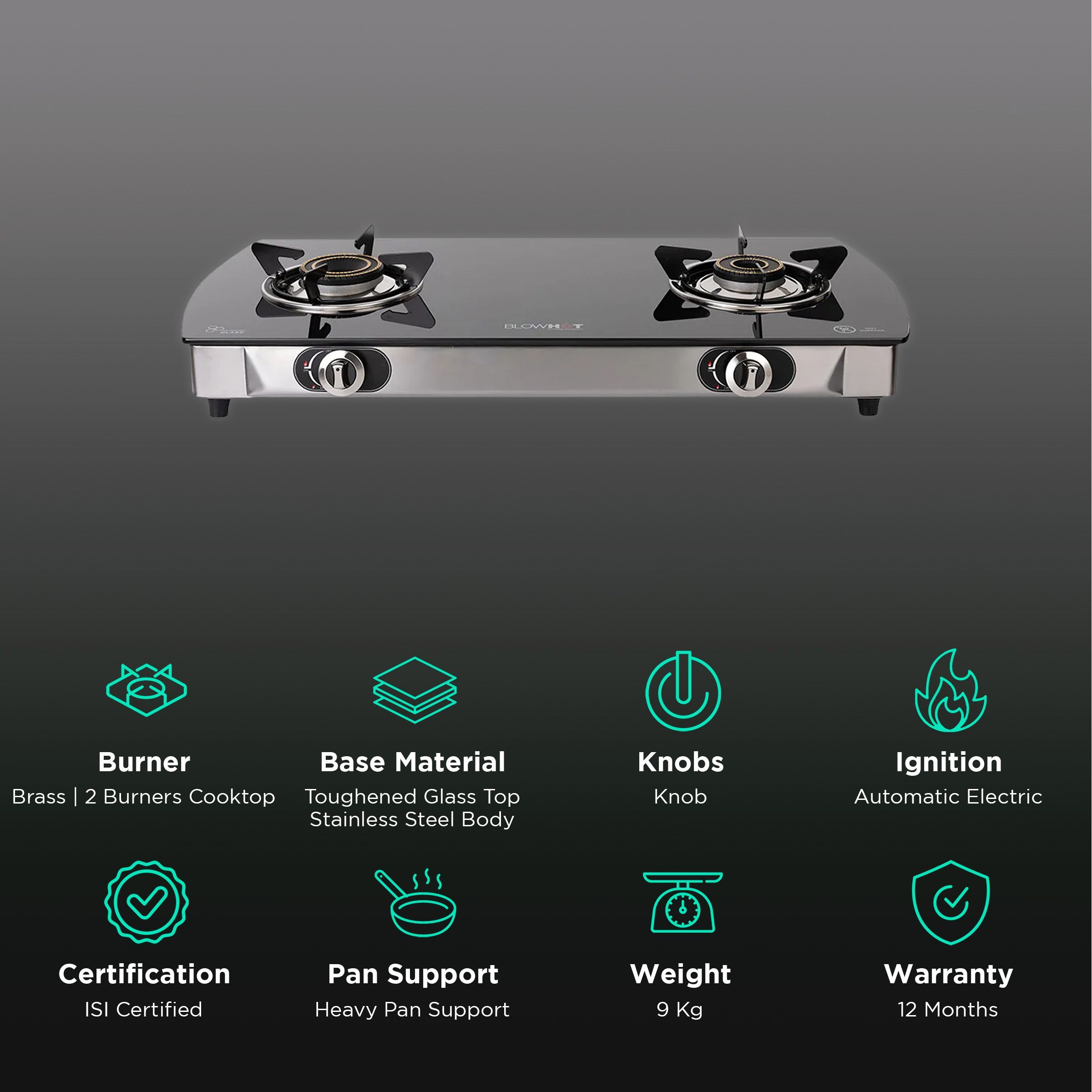 Blowhot Jasper Toughened Glass Top 2 Burner Automatic Electric Gas Stove (ISI Certified, Black)_3