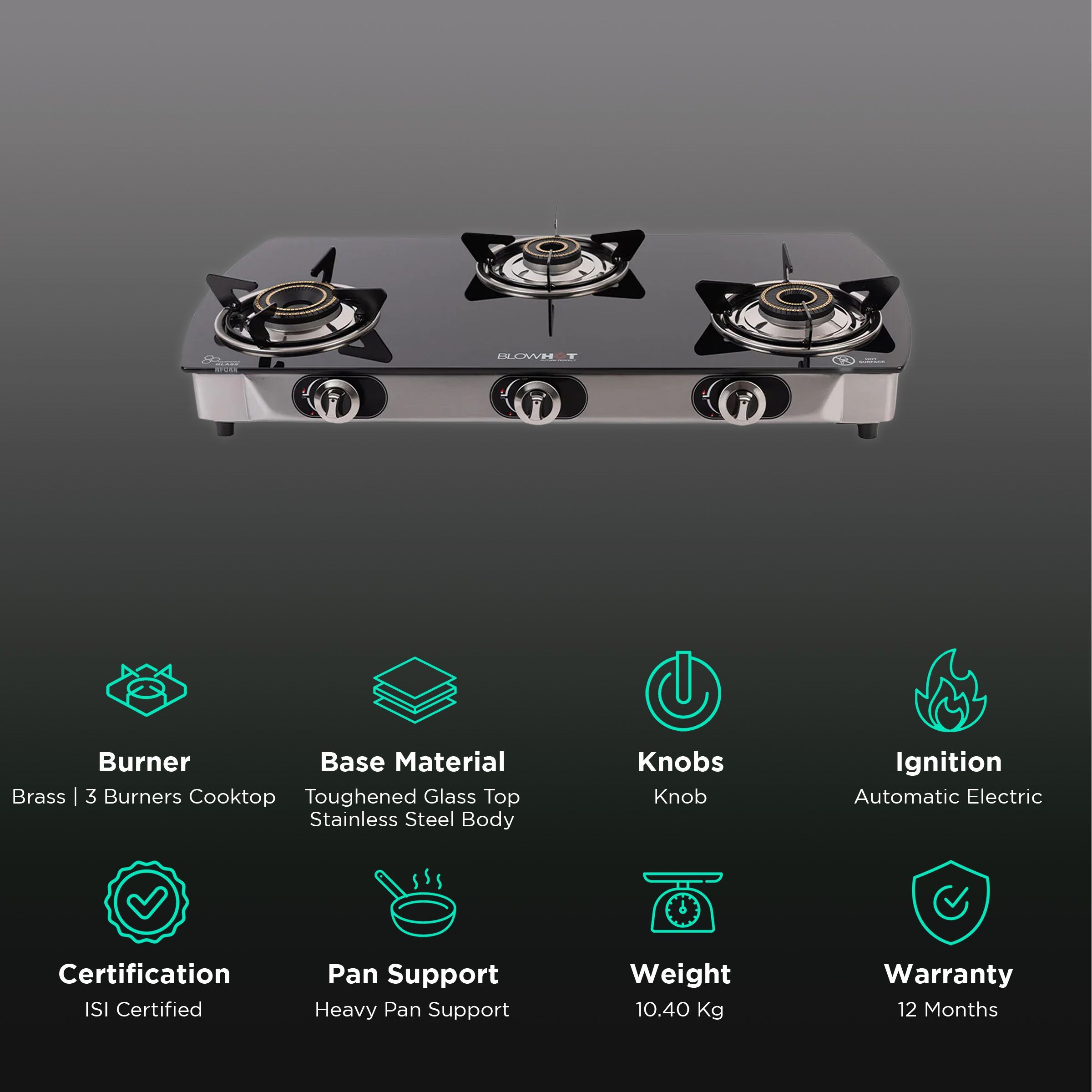 Blowhot Jasper Toughened Glass Top 3 Burner Automatic Electric Gas Stove (ISI Certified, Black)_3